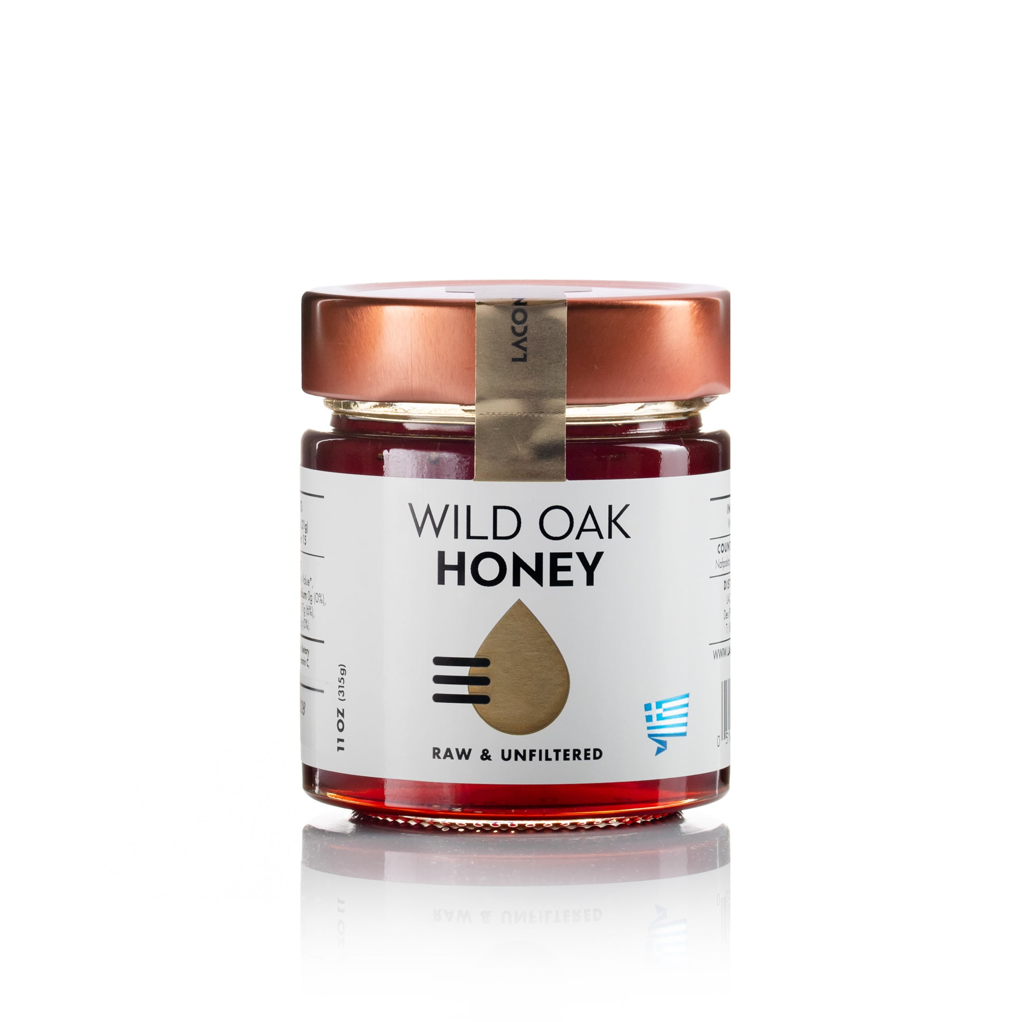 Laconic Foods Wild Oak Honey jar – front label view, raw and unfiltered Greek oak honey.