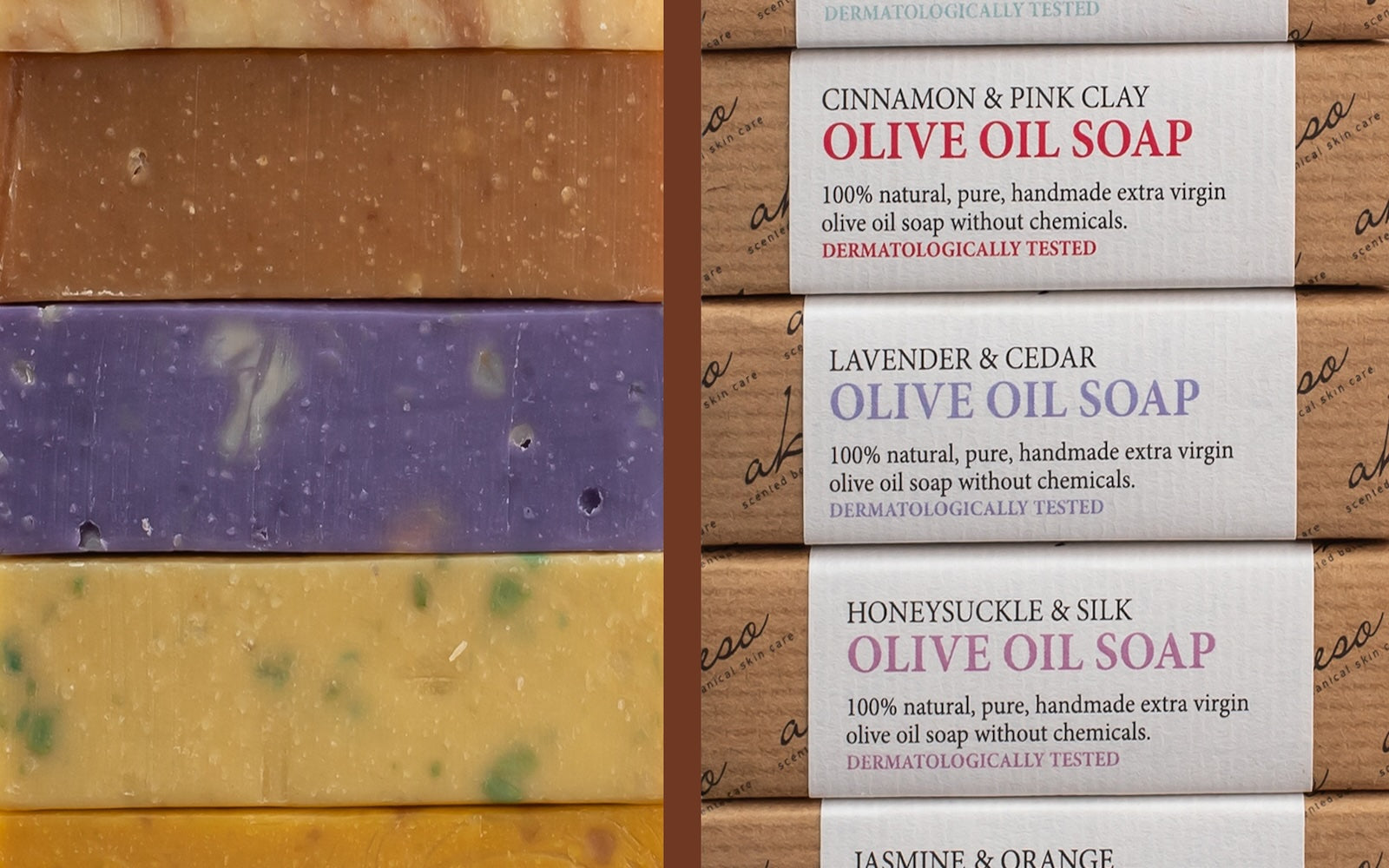Assorted Greek handmade olive oil soaps in natural scents with Akeso packaging