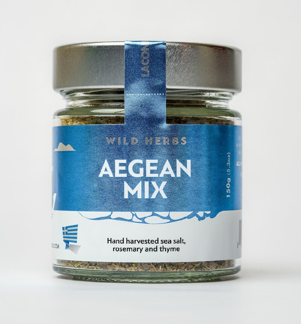 Aegean Mix – Greek Sea Salt, Rosemary, and Thyme Herbal Blend in 150g Glass Jar