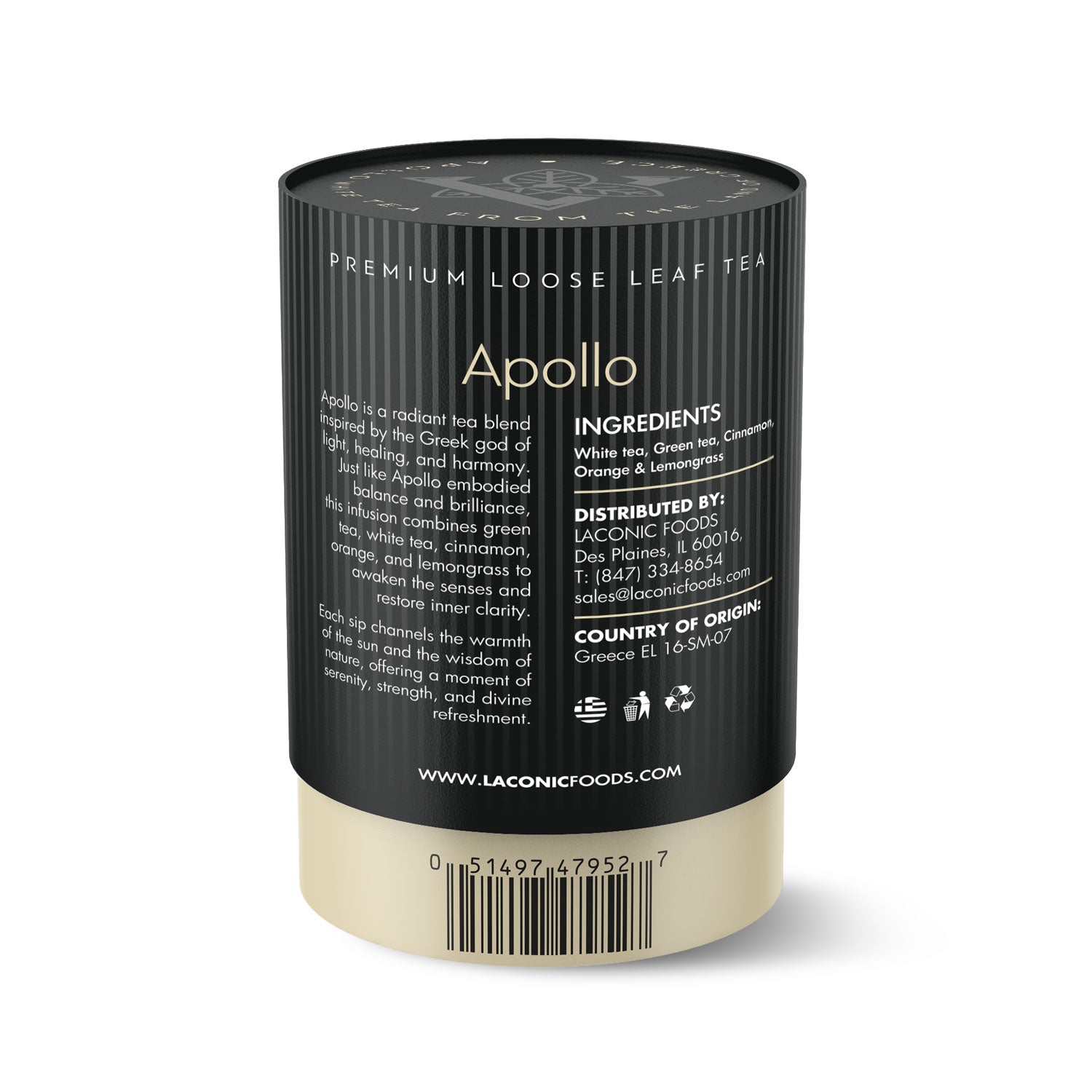 Apollo White Tea ingredients and label – White tea, green tea, cinnamon, orange, lemongrass – Laconic Foods 75g