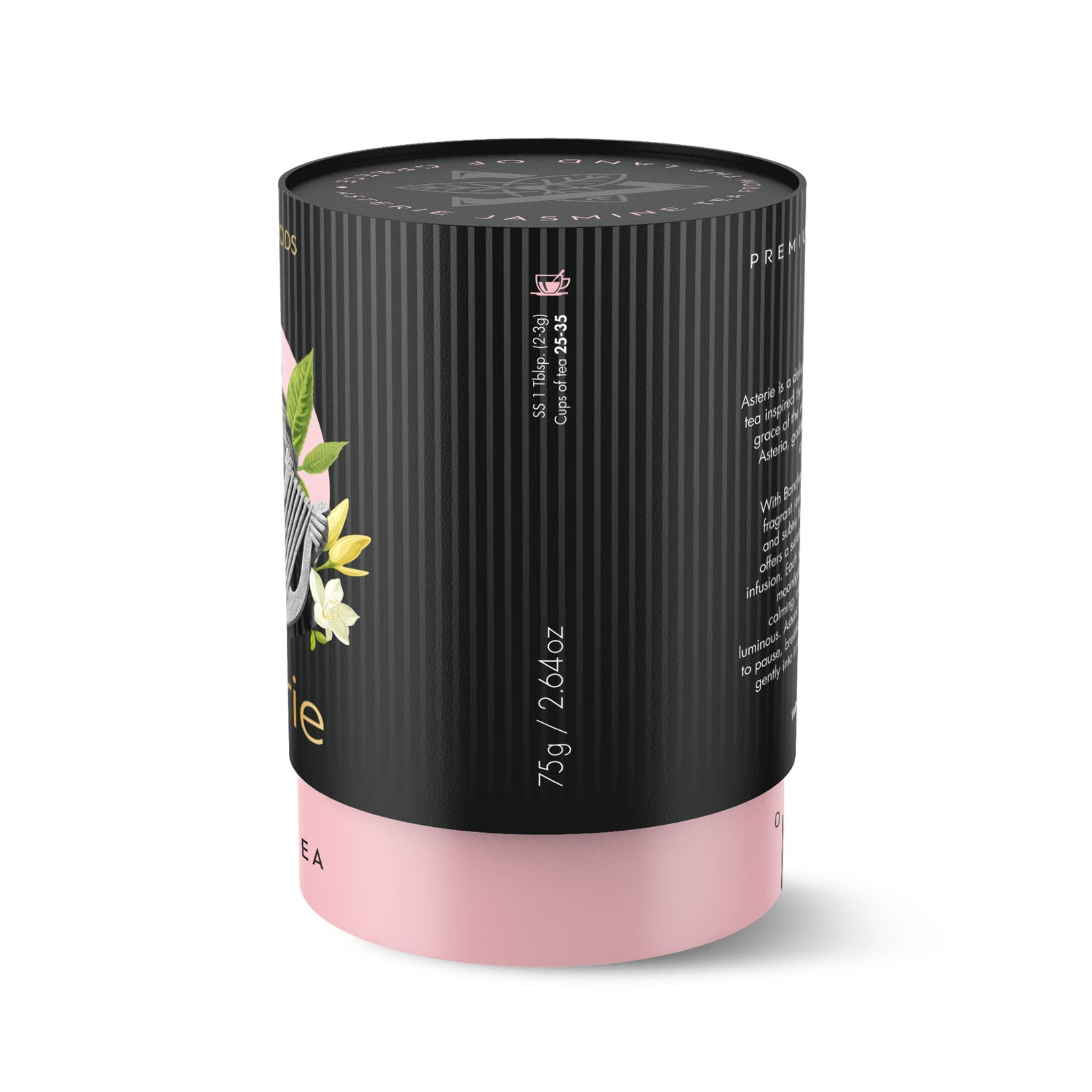 Asterie Jasmine Tea canister side view – Laconic Foods Greek loose leaf tea (75g)