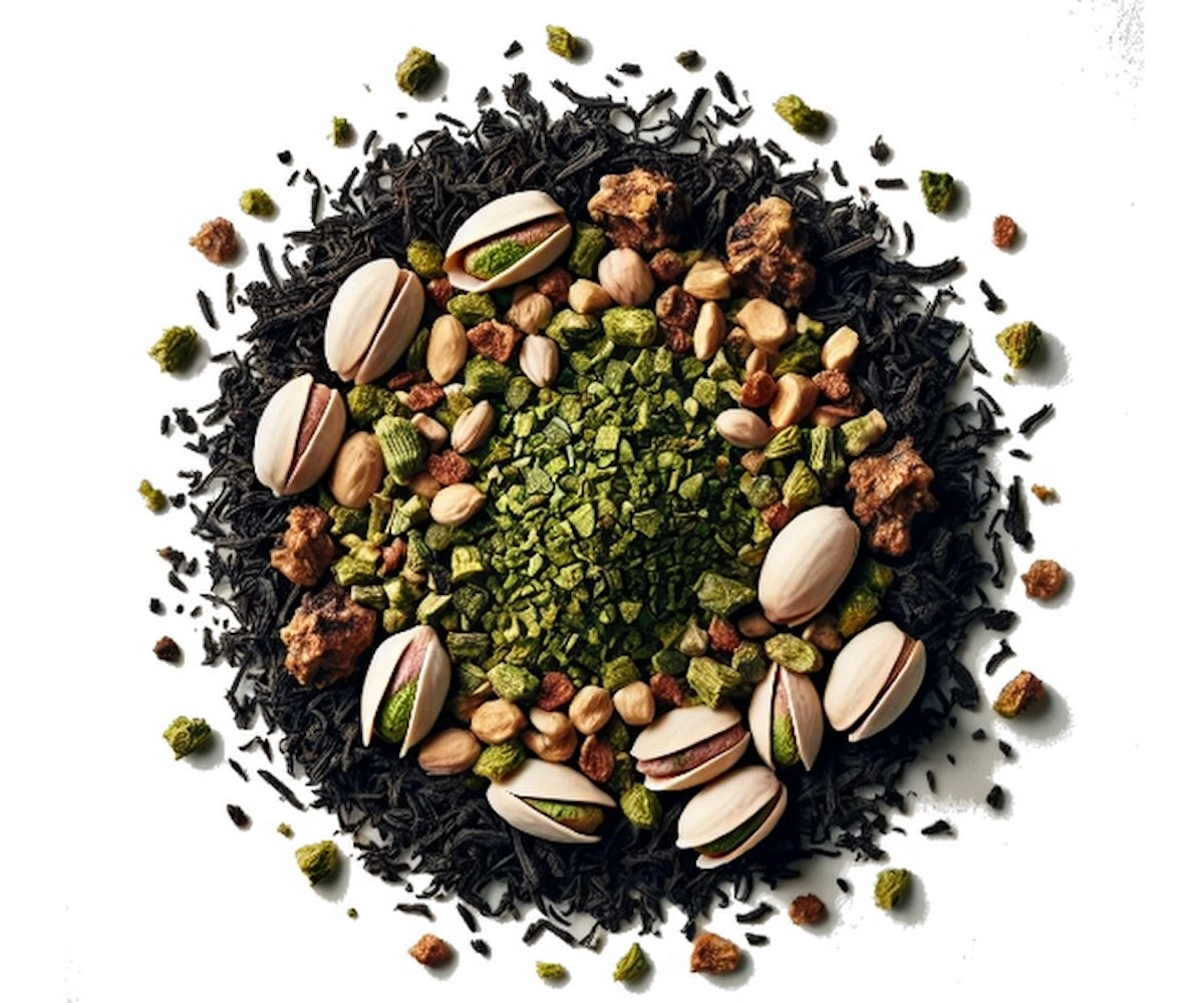 Overhead view of Athena Greek black tea blend with pistachios, lemon peel, and mastic