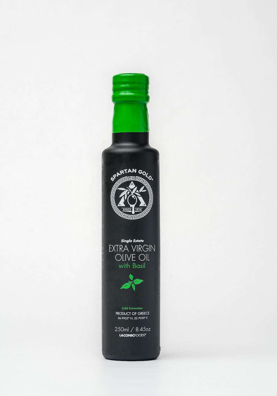 Front-facing bottle of Laconic Foods Basil Infused Extra Virgin Olive Oil – 250ml glass bottle on white background