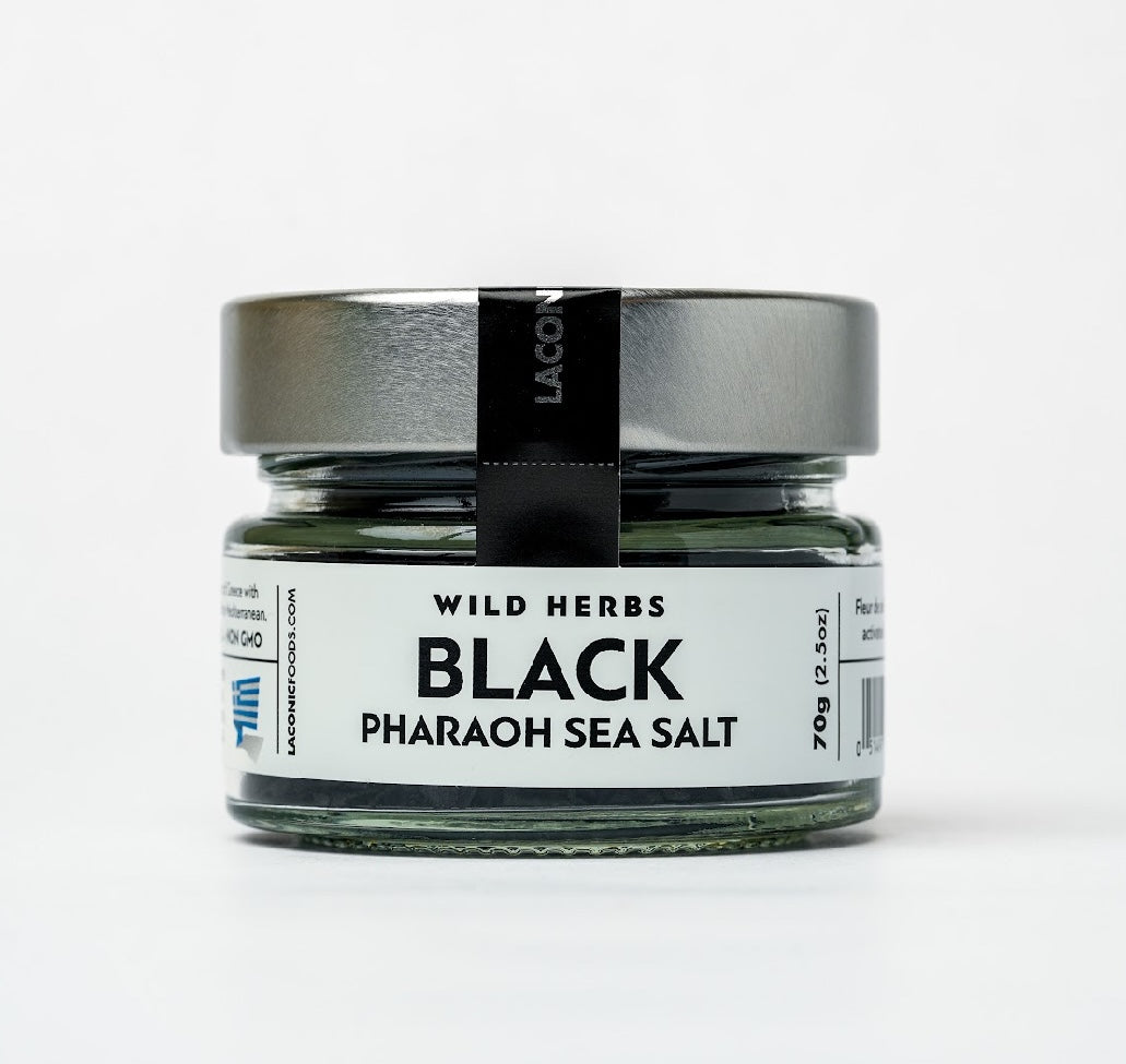 Black Pharaoh Sea Salt in 70g glass jar with front label by Laconic Foods