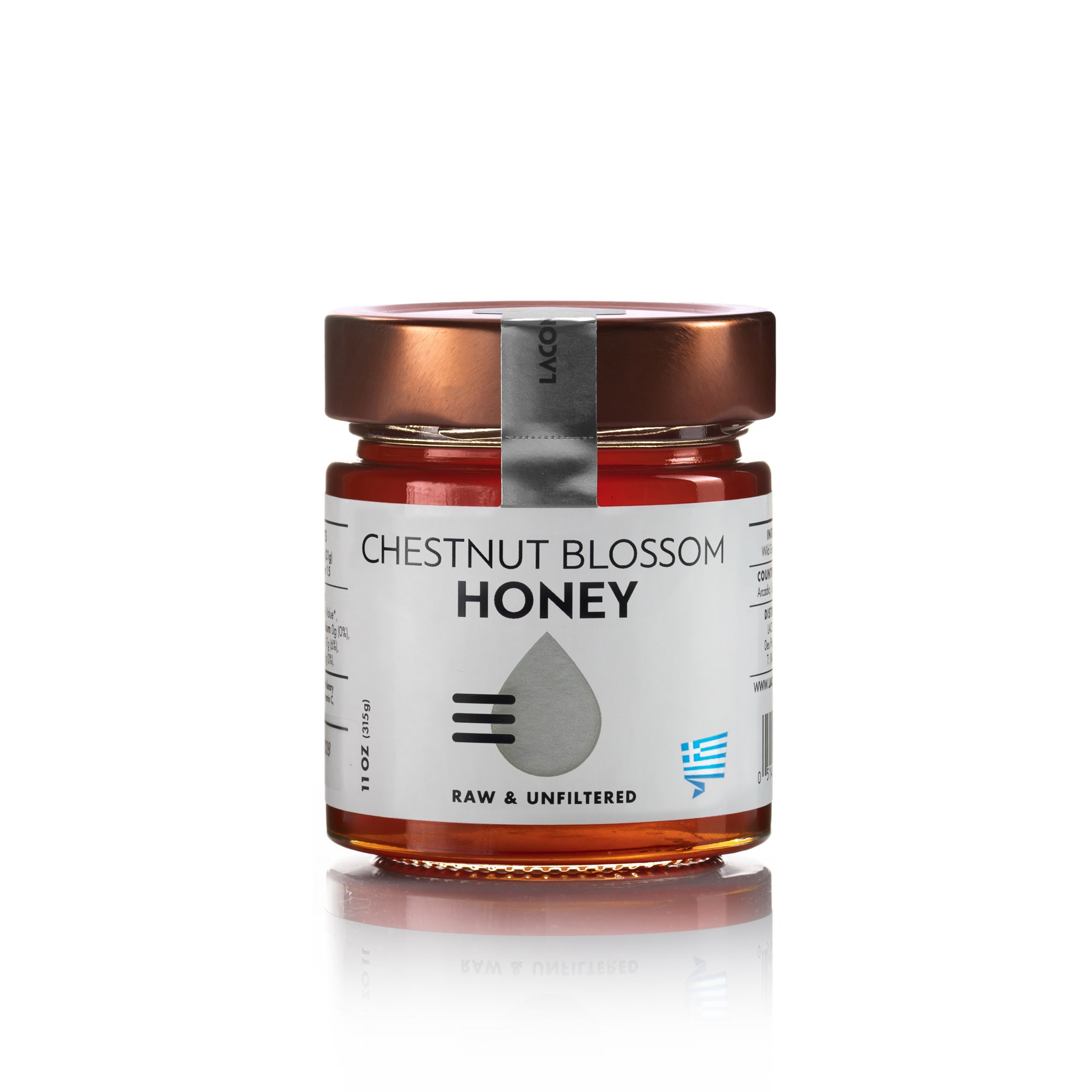 Laconic Foods Chestnut Blossom Honey jar – front label view, raw and unfiltered Greek chestnut blossom honey.