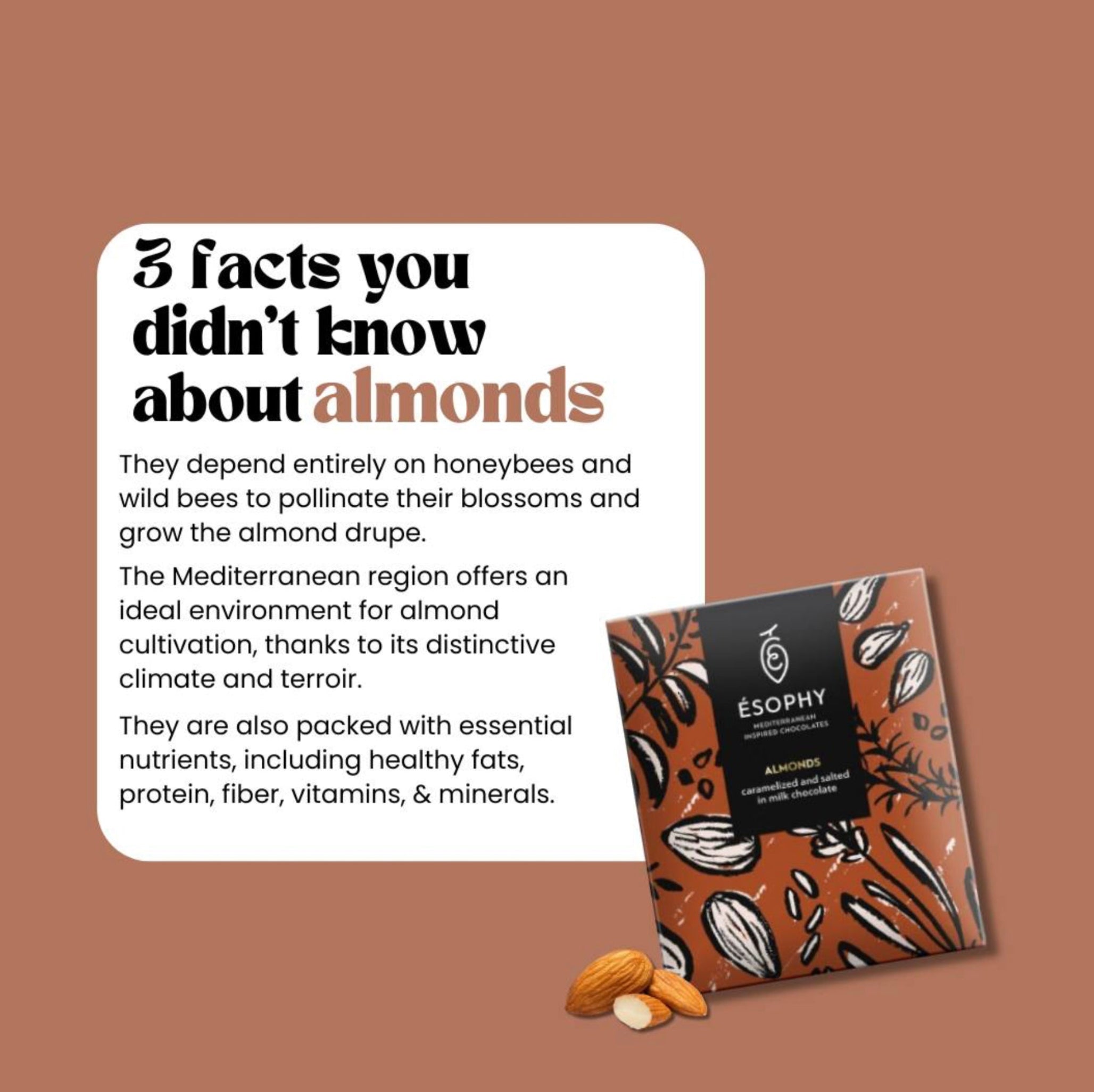 ÉSOPHY caramelized salted almonds milk chocolate bar with Mediterranean almond facts graphic