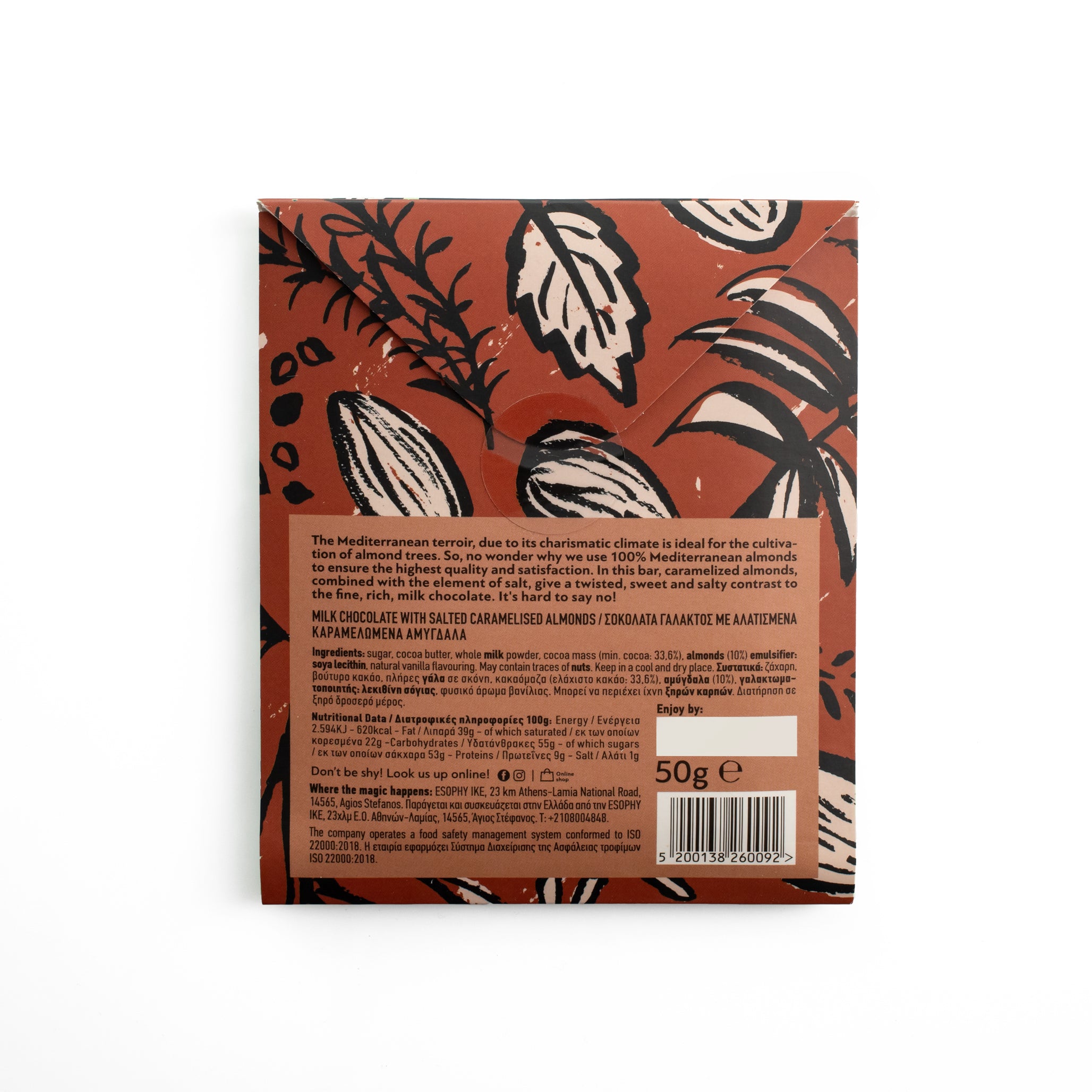 Back label of ÉSOPHY caramelized salted almonds milk chocolate bar showing ingredients and nutrition facts