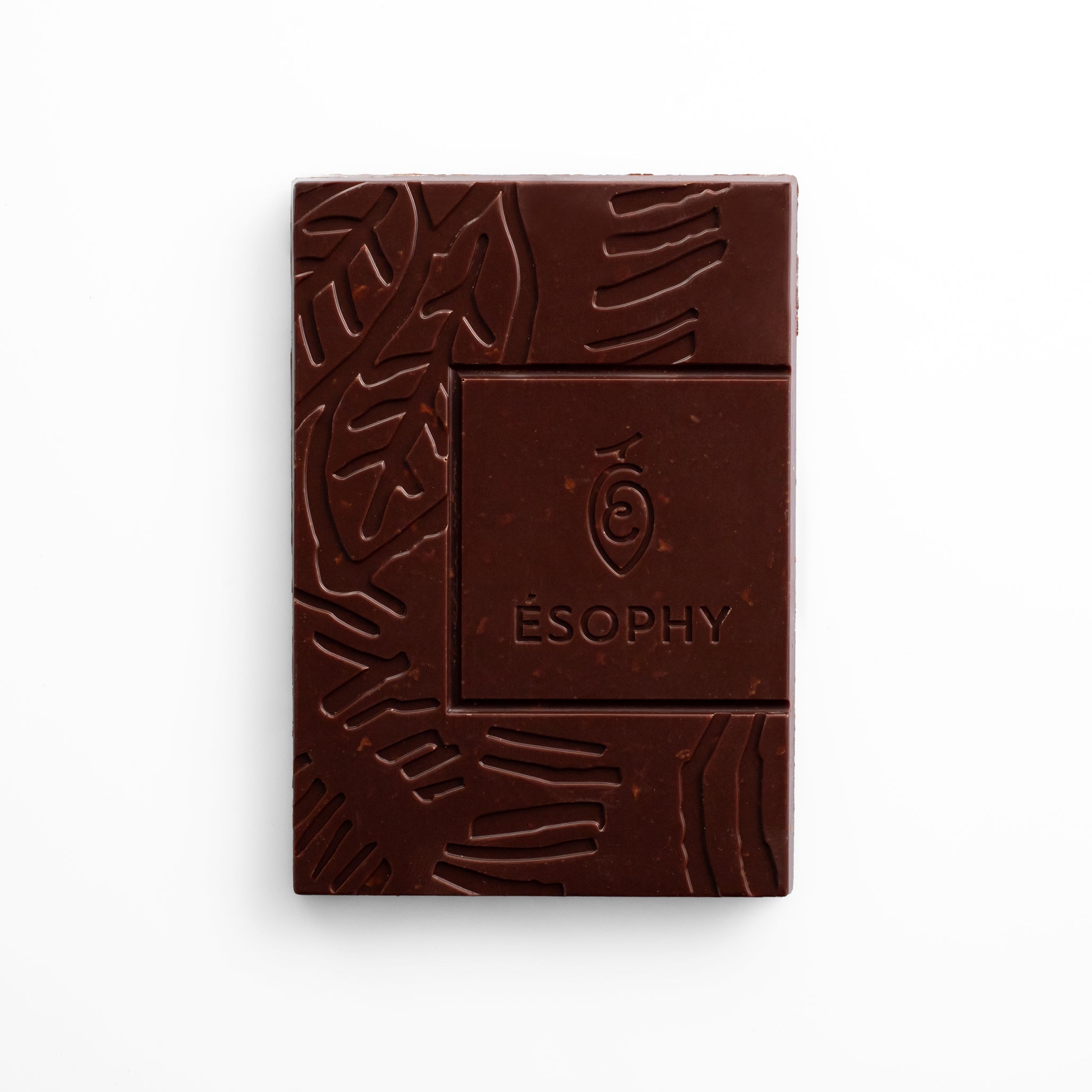 Unwrapped ÉSOPHY 60% dark chocolate bar with masticha and roasted almonds