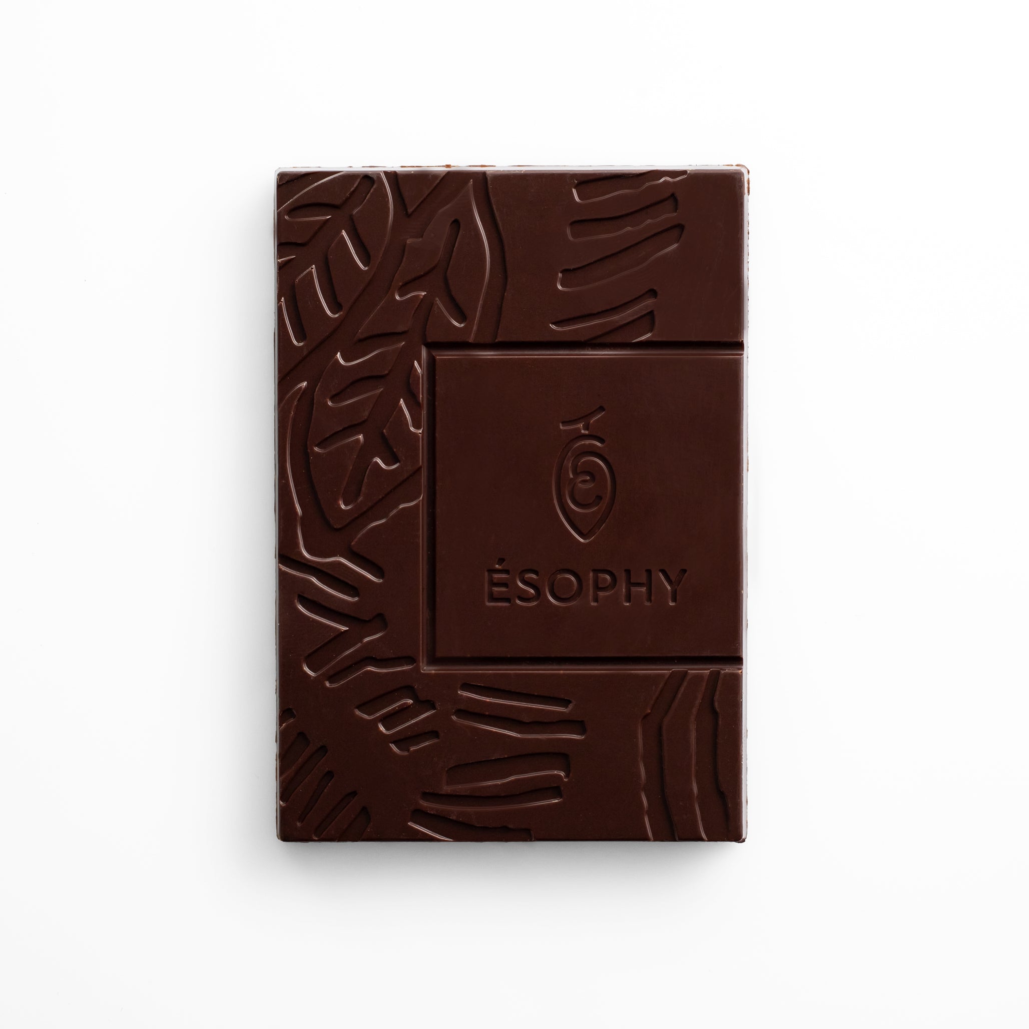 Unwrapped ÉSOPHY 70% dark chocolate bar with olive oil and sea salt