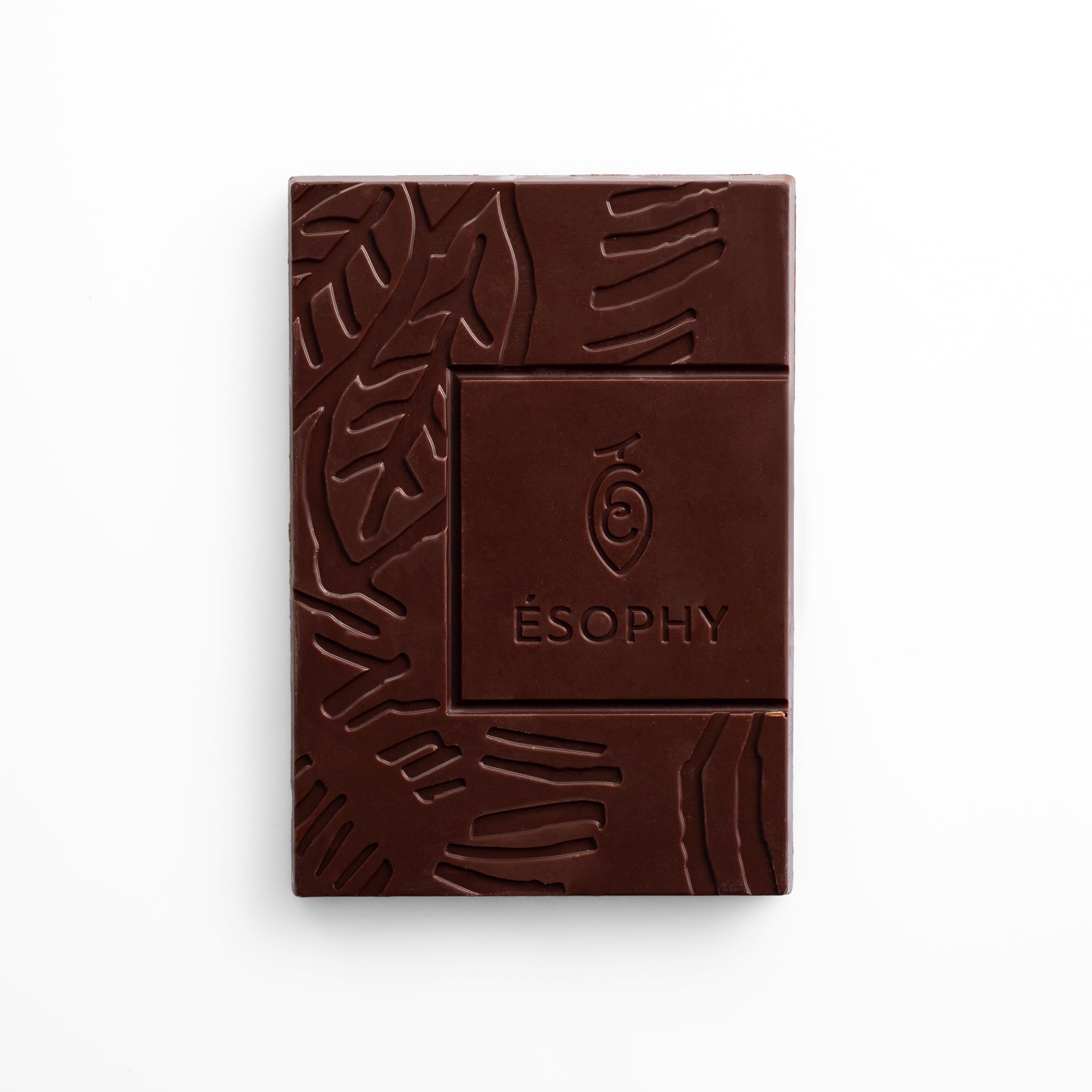 Unwrapped ÉSOPHY 60% dark chocolate bar with rose flavor and embossed design