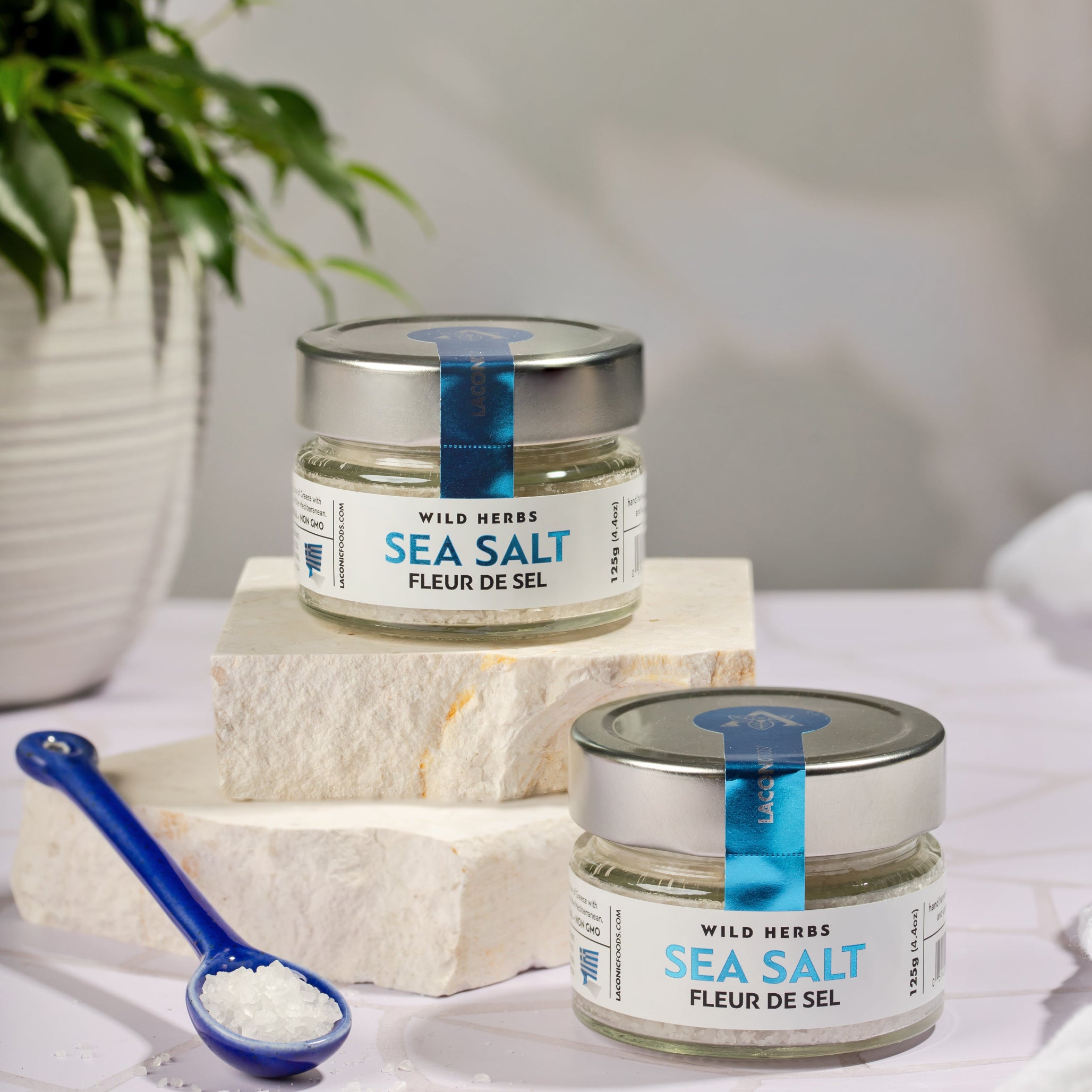 Laconic Foods Fleur de Sel Sea Salt jars with serving spoon – premium Greek finishing salt