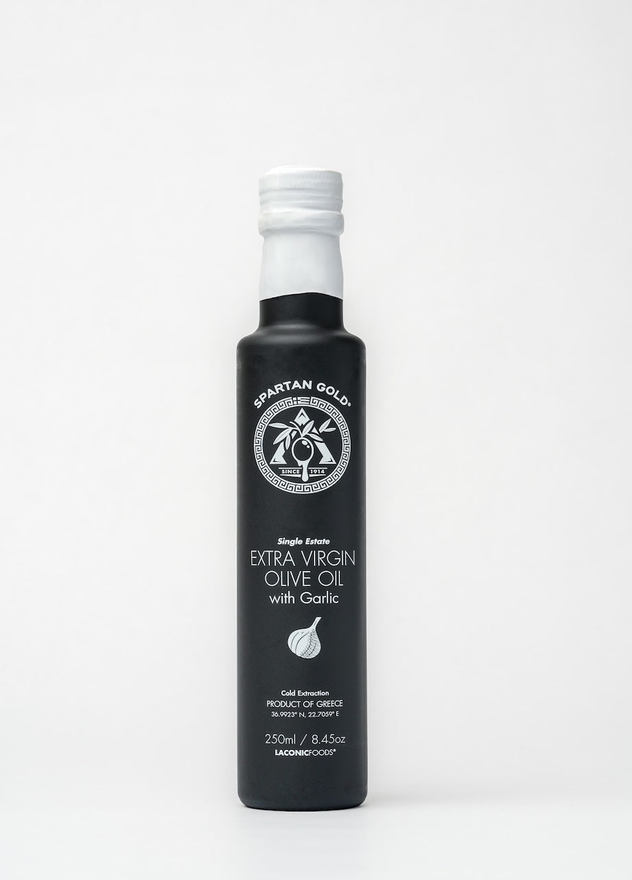 250ml bottle of Laconic Foods Garlic Infused Extra Virgin Olive Oil, single estate, cold extracted
