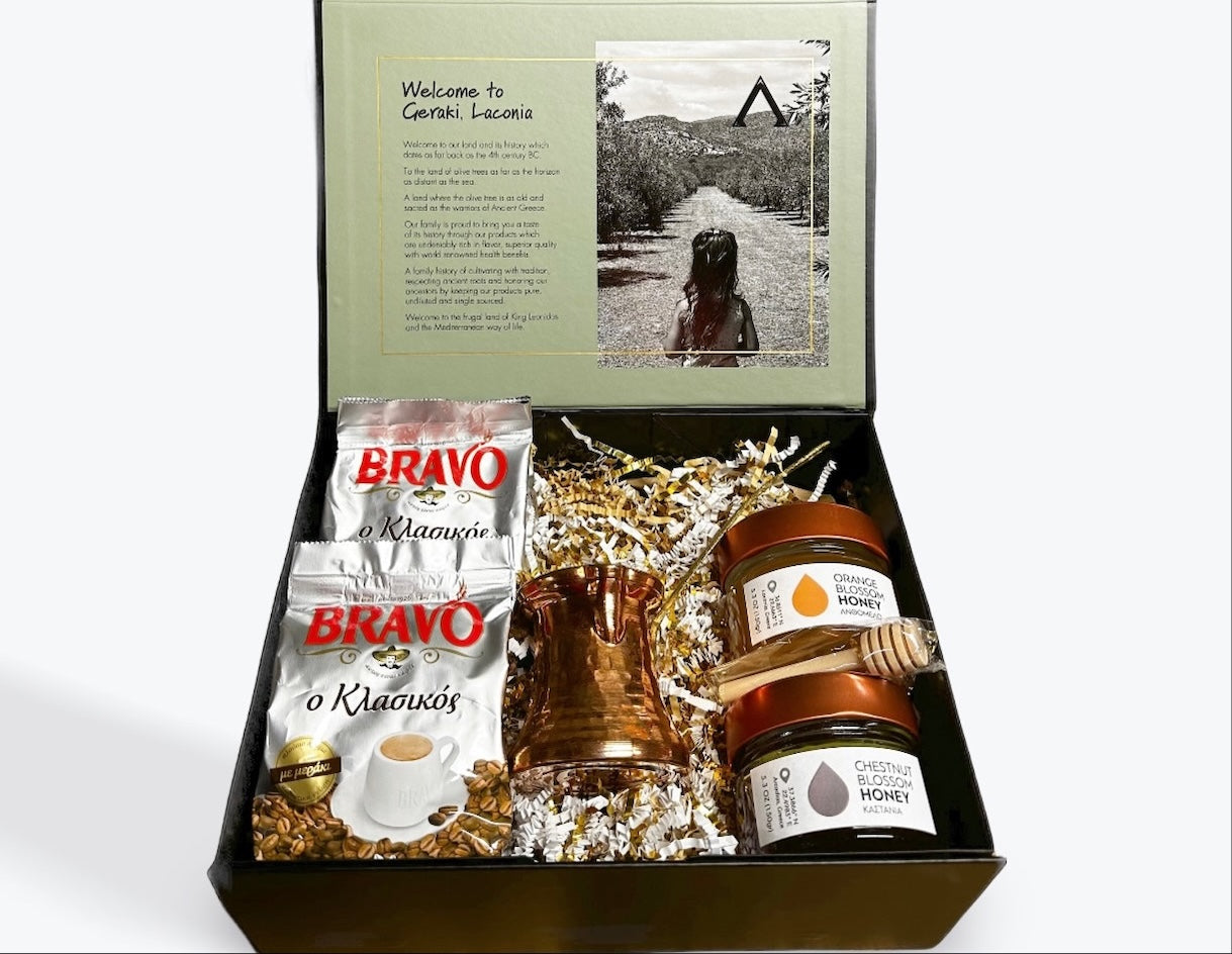 Greek coffee and honey gift set with Bravo coffee, briki, Orange Blossom honey, Chestnut Blossom honey, and wooden dipper in gift box
