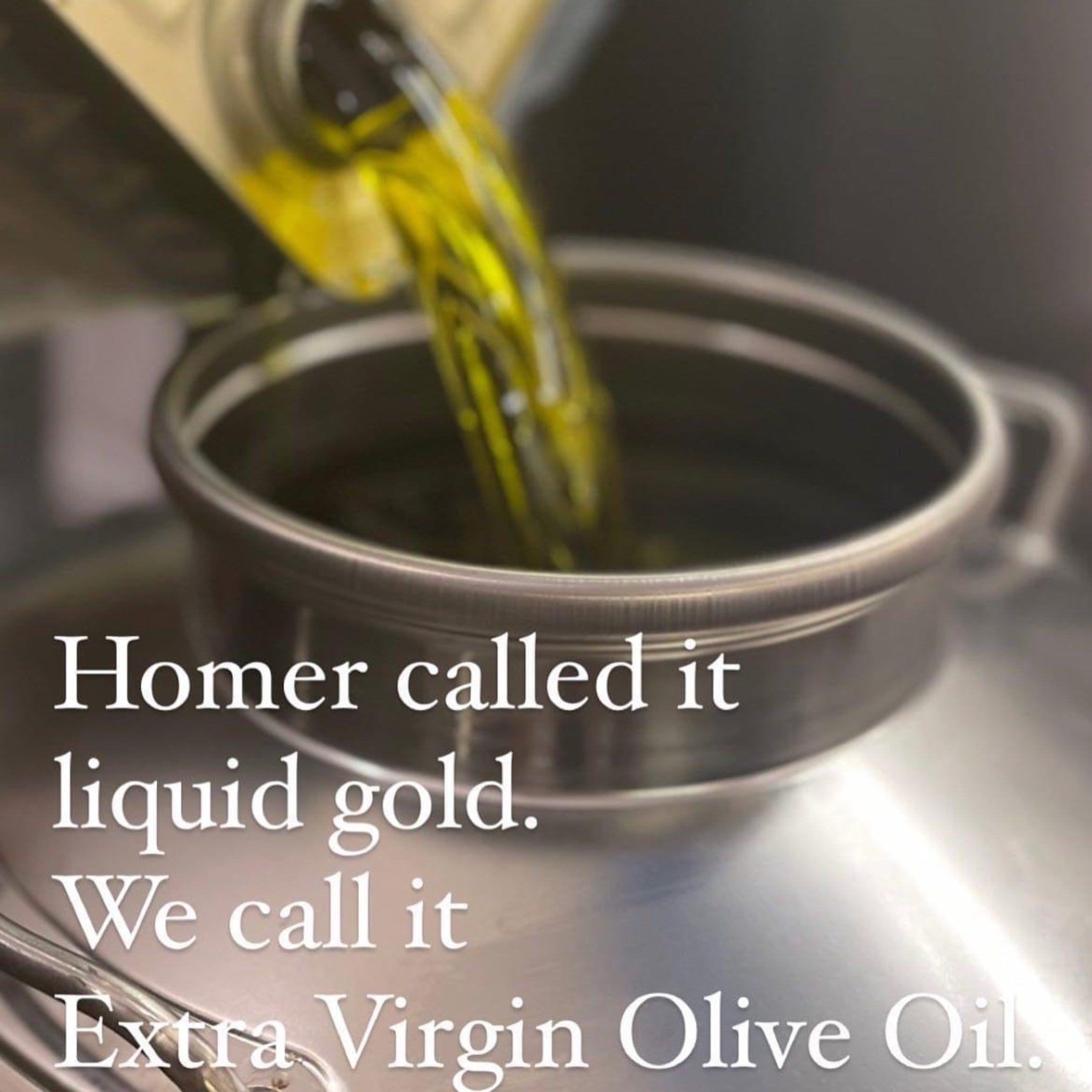 Olive oil pouring from tin into container with Homer quote about liquid gold