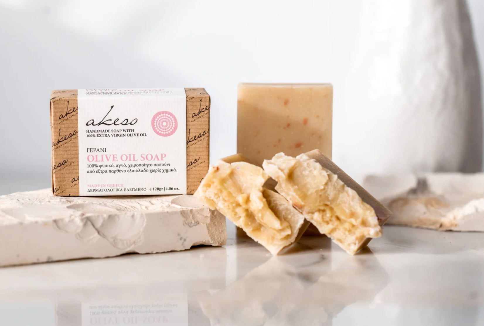 Greek Geranium Olive Oil Soap with handmade bar pieces and packaging, crafted with extra virgin olive oil in Greece