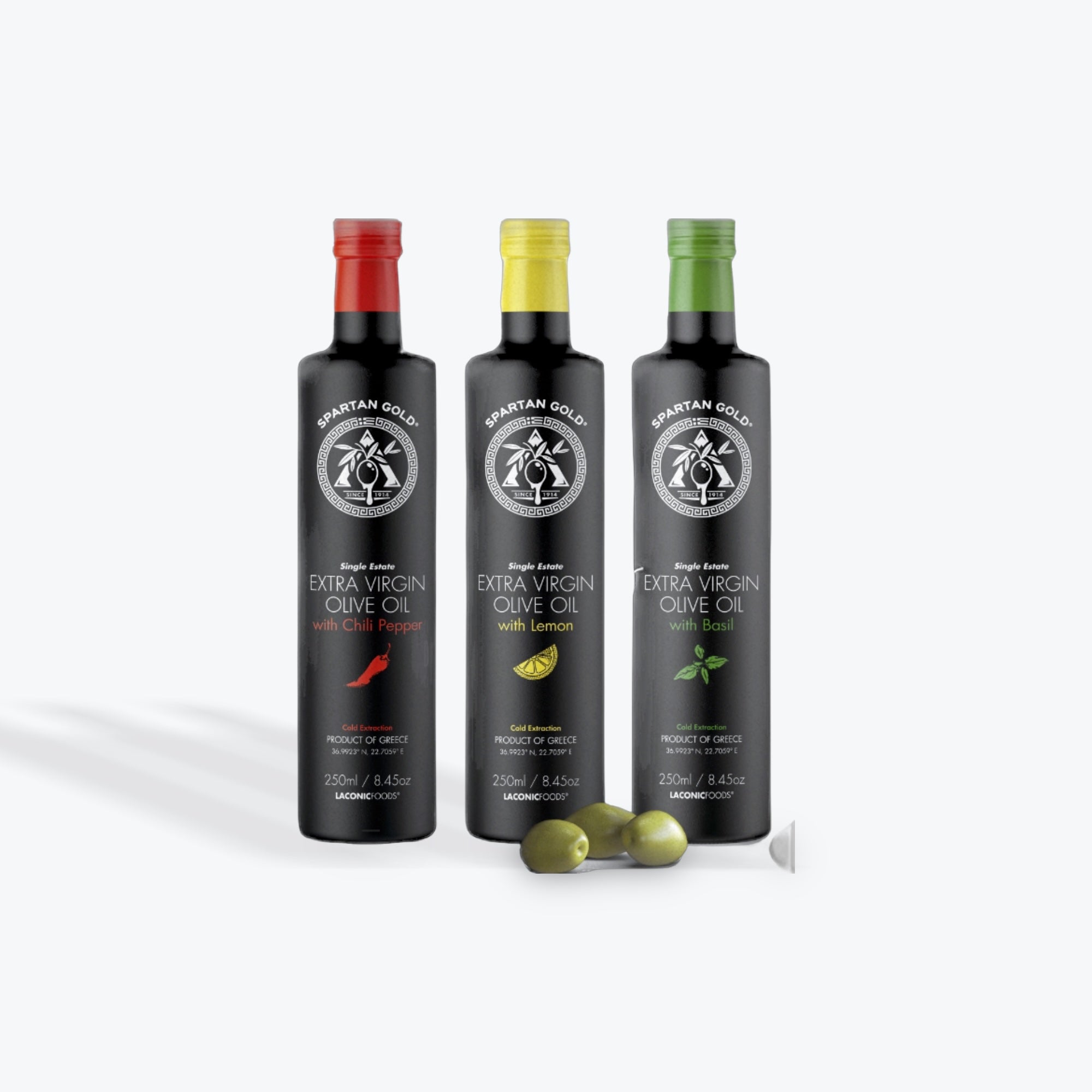 Infused olive oil trio with basil, chili, and lemon – 250ml bottles from Laconic Foods
