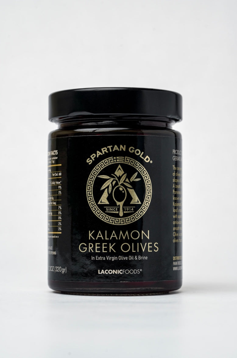 Front view of Spartan Gold Kalamon Greek Olives jar on white background
