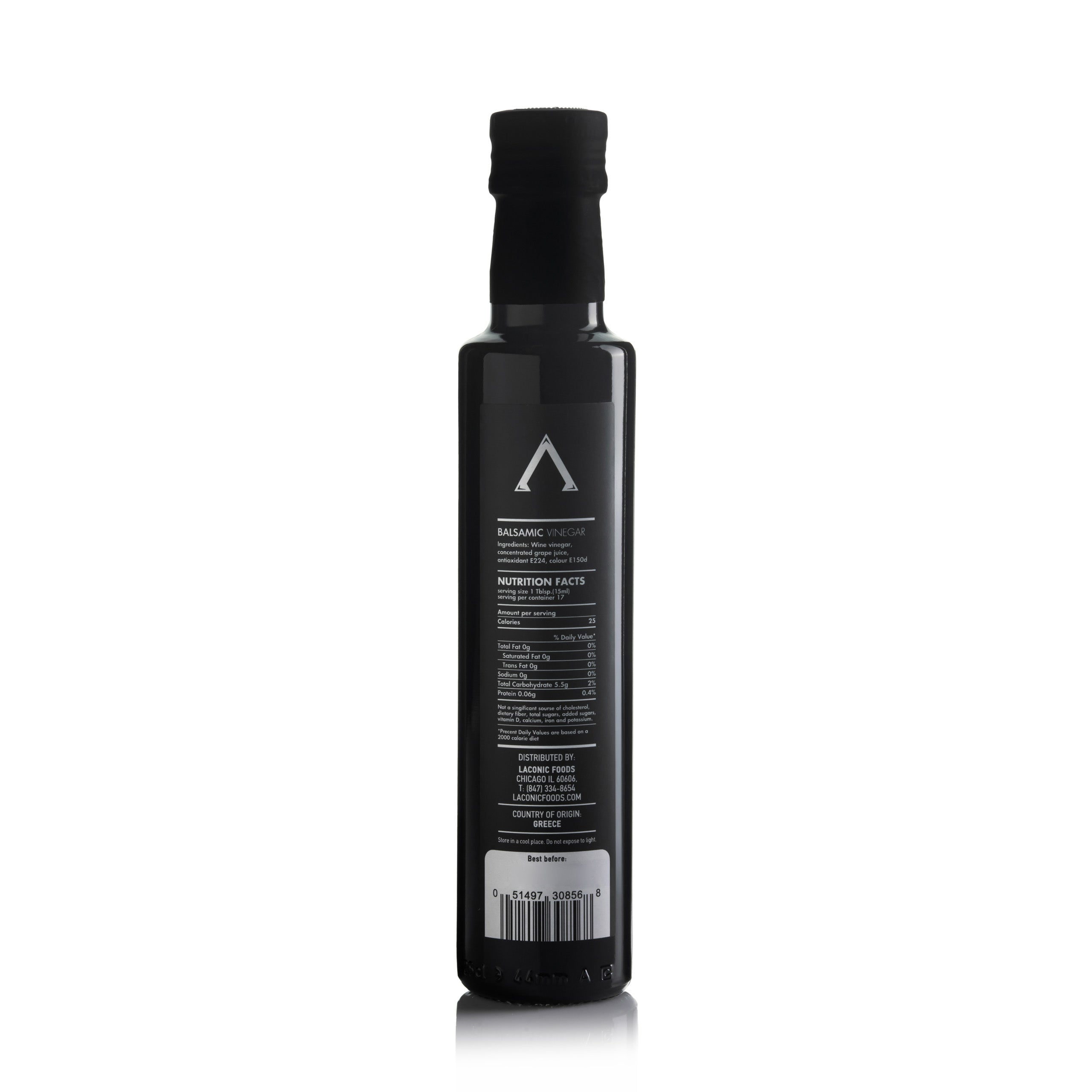 Back view of Laconic Foods Greek balsamic vinegar bottle, showing nutrition facts, ingredients, and barcode.