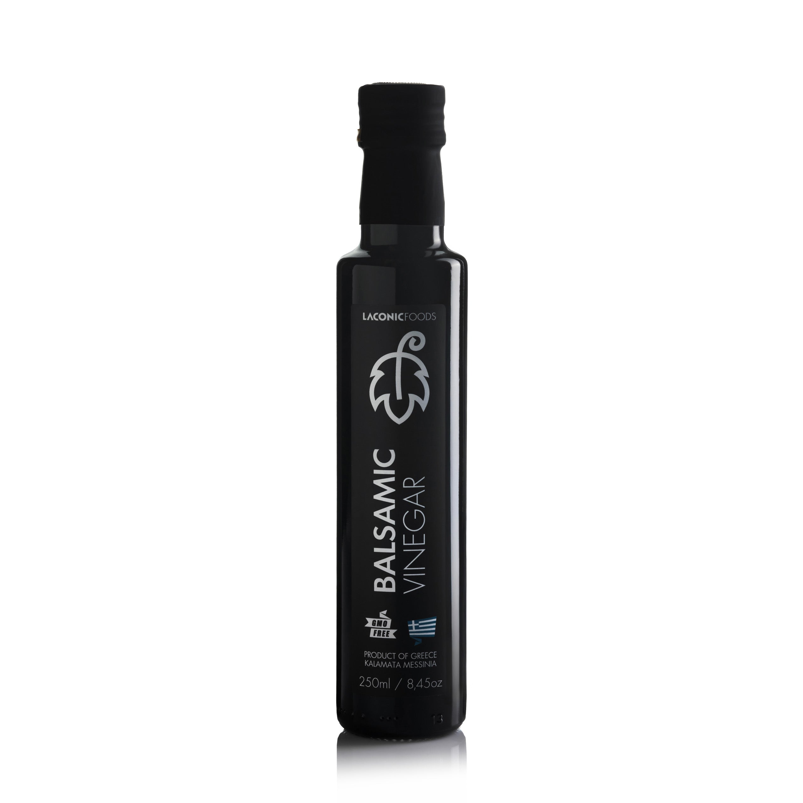 Laconic Foods Greek balsamic vinegar in a 250ml glass bottle, product of Kalamata, Messinia.