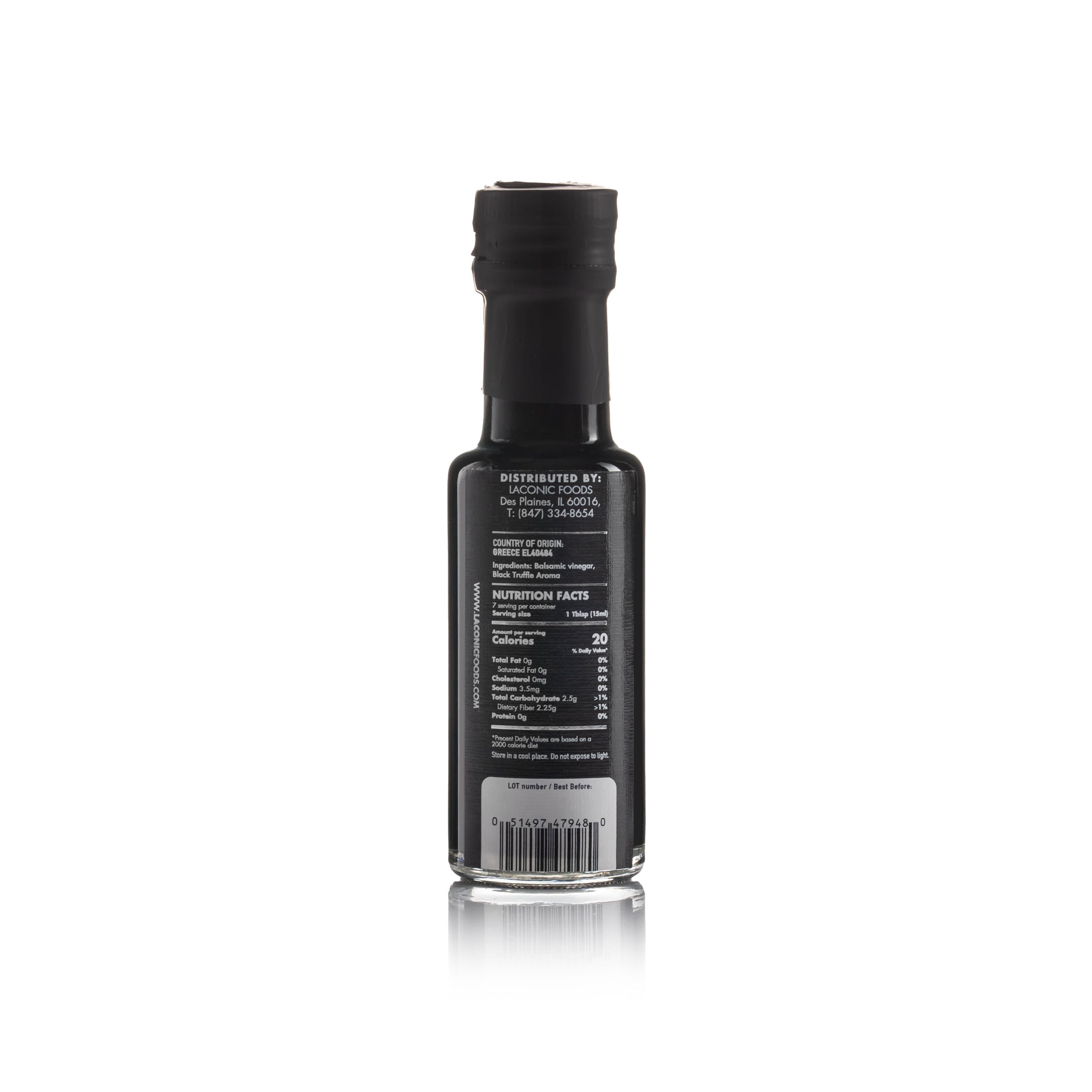 Back label of Laconic Foods Balsamic Vinegar with Black Truffle 100ml bottle – ingredients, nutrition facts, and reflection visible on white surface.