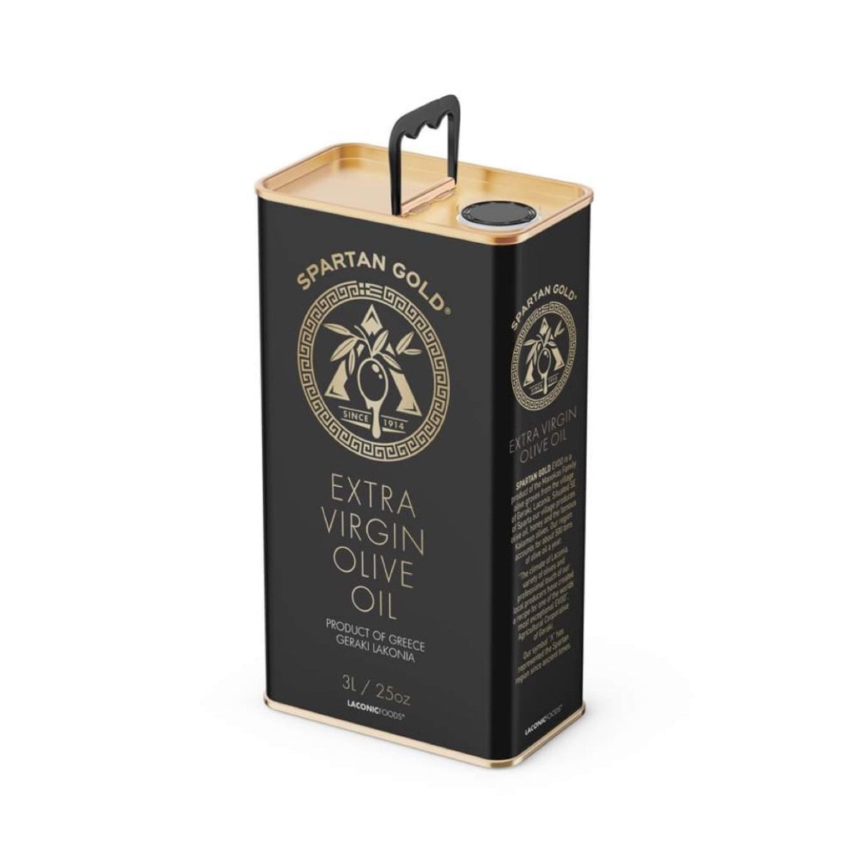 Front view of Laconic Foods 3L Extra Virgin Olive Oil tin – 100% Koroneiki from Geraki, Greece