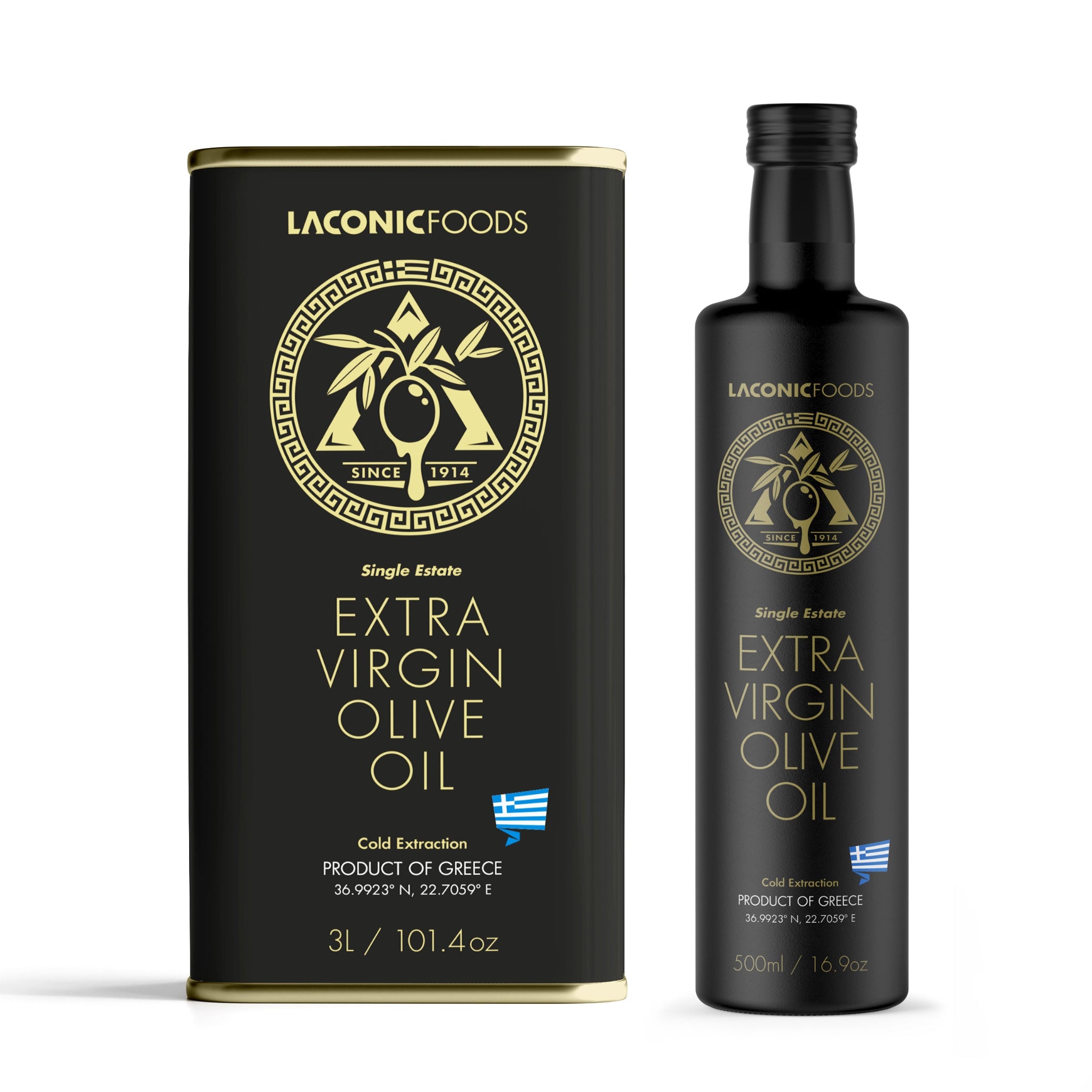 Laconic Foods extra virgin olive oil in 3L tin and 500ml bottle — single estate Greece.