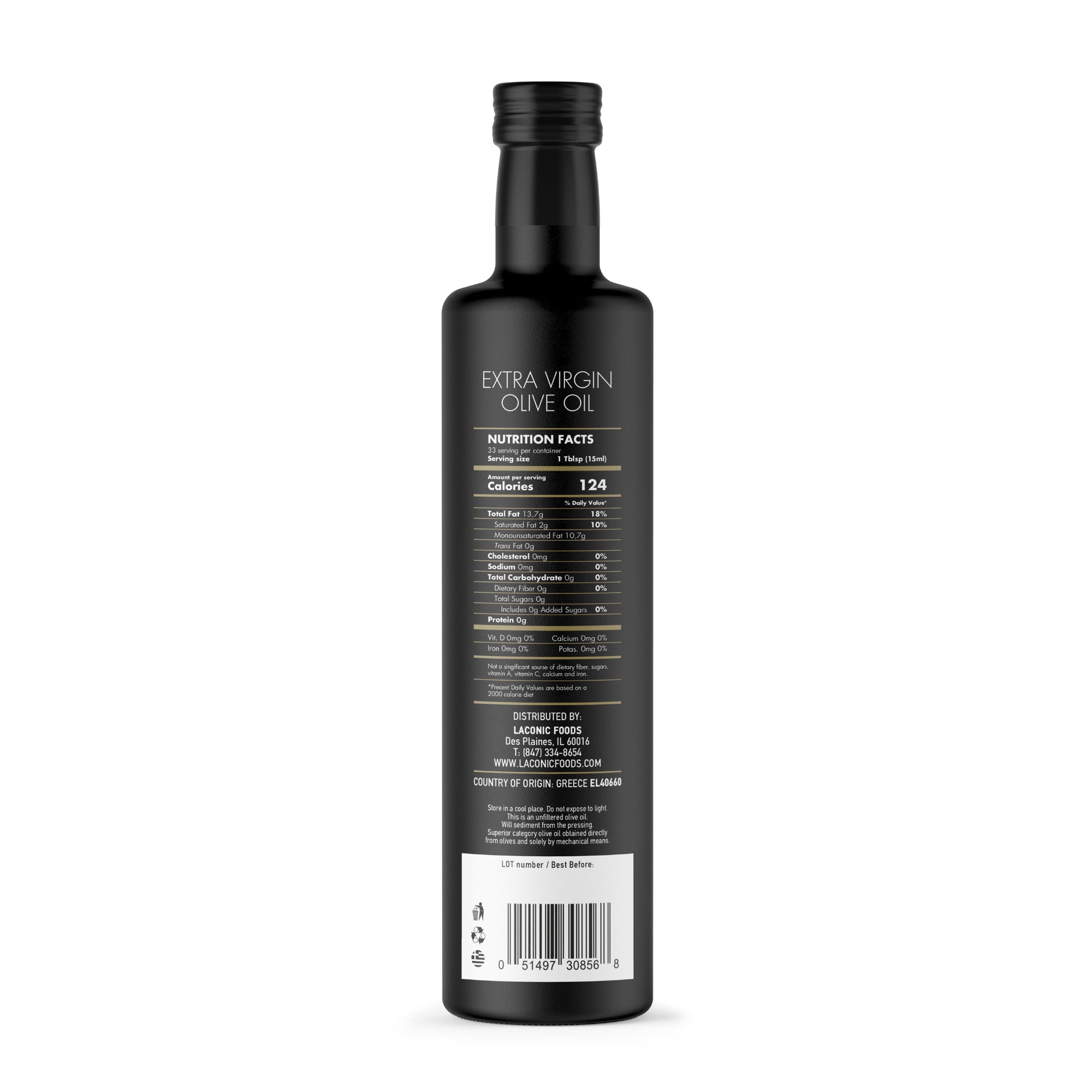500ml Greek Extra Virgin Olive Oil – Laconic Foods bottle back with nutrition label and origin information