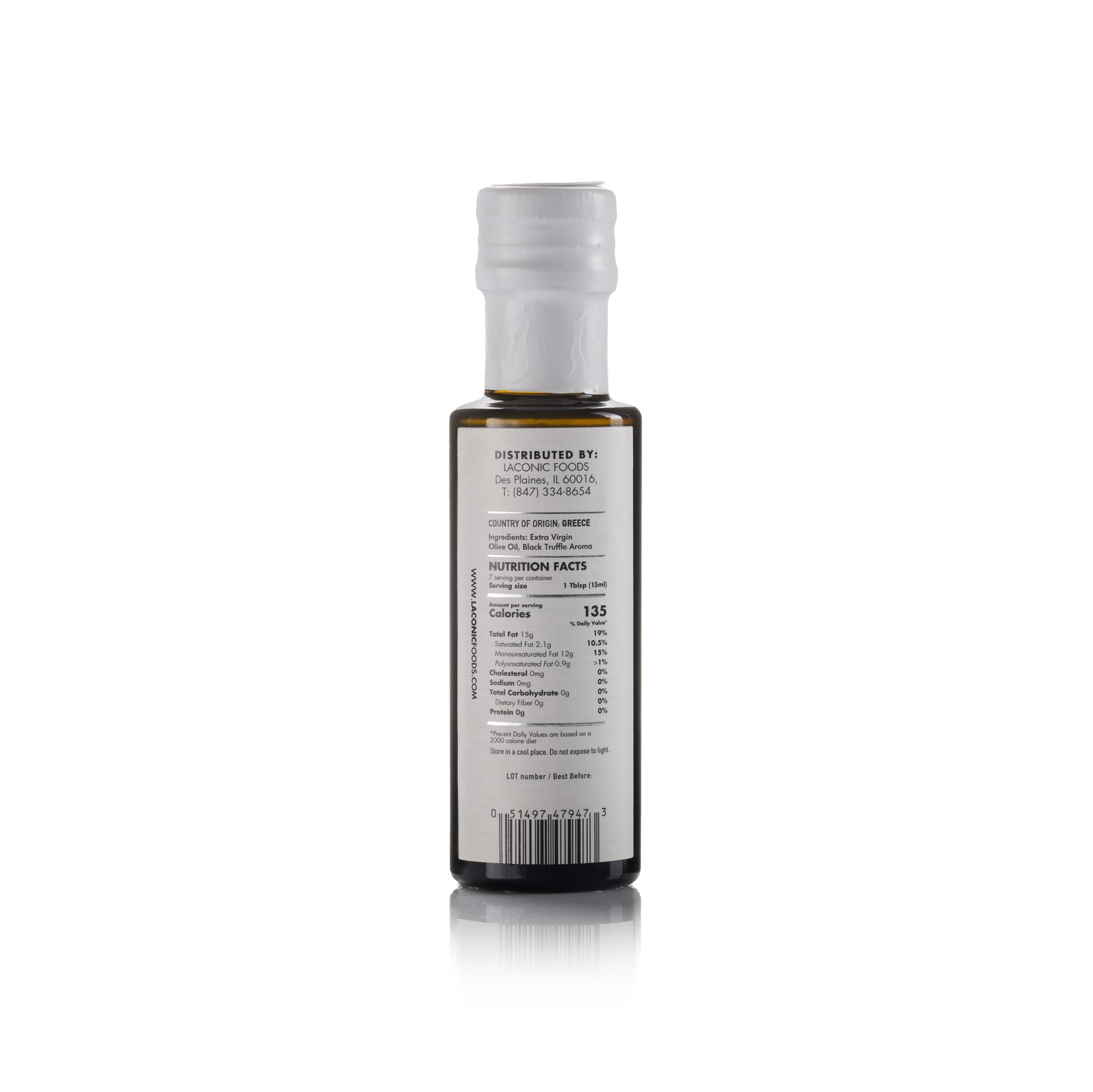Back label of Laconic Foods Extra Virgin Olive Oil with White Truffle 100ml bottle – nutrition facts, origin, and ingredient details from Greece.