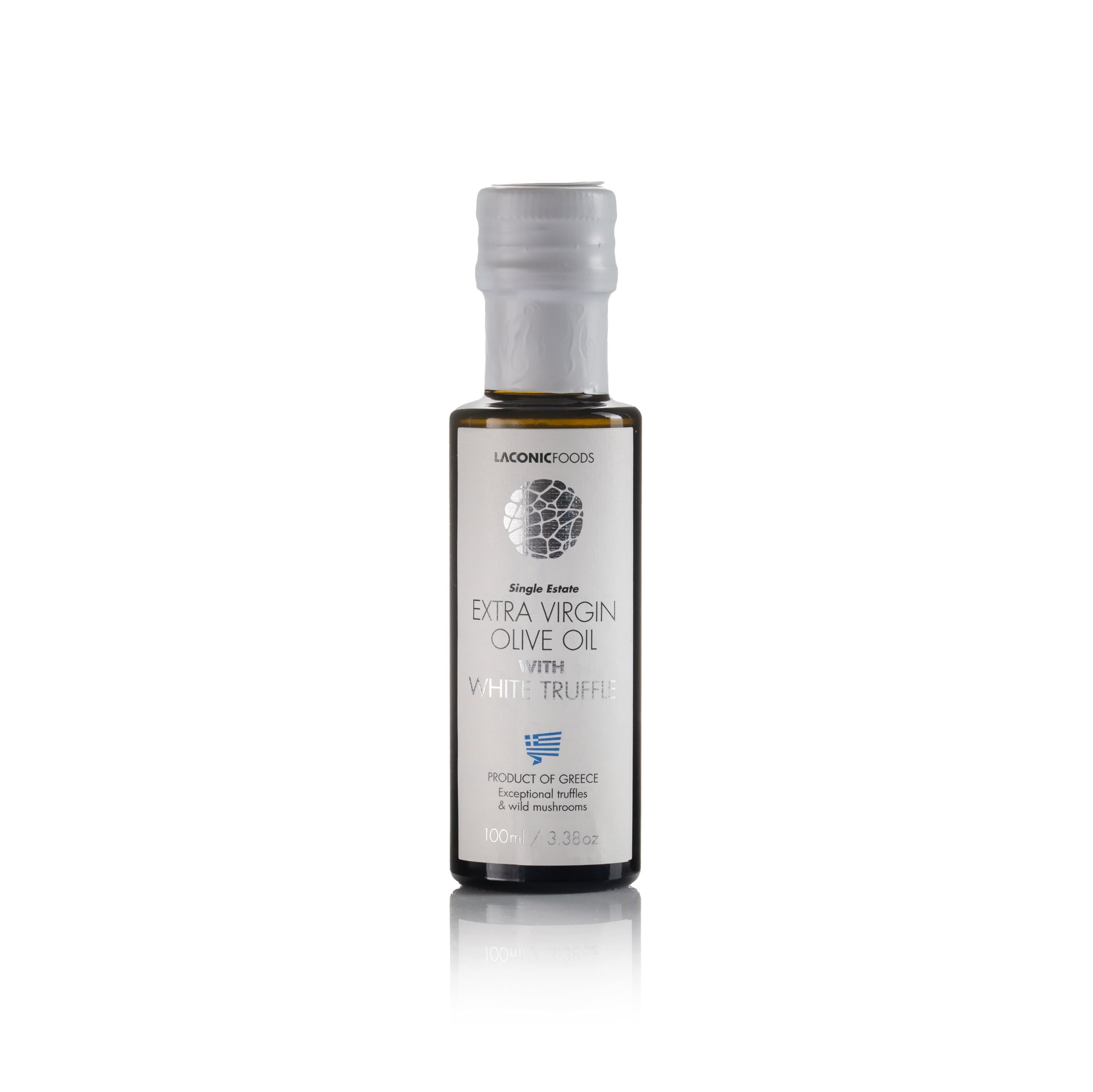 Front view of Laconic Foods Extra Virgin Olive Oil with White Truffle 100ml bottle – premium single estate Greek olive oil infused with white truffle essence, shown with soft reflection.