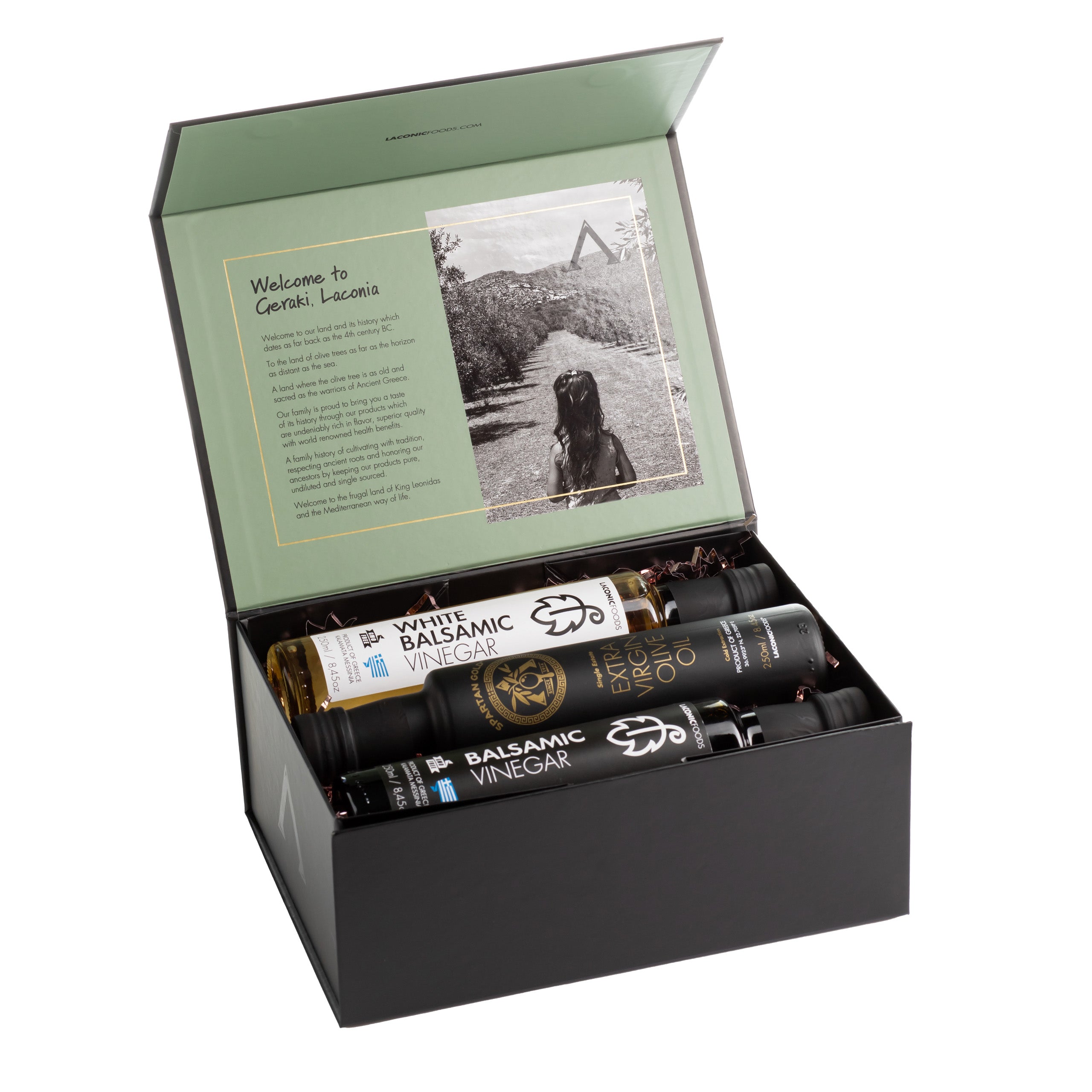 Olive oil and vinegar gift set with White Balsamic, Balsamic, and EVOO in premium Laconic Foods box with story panel