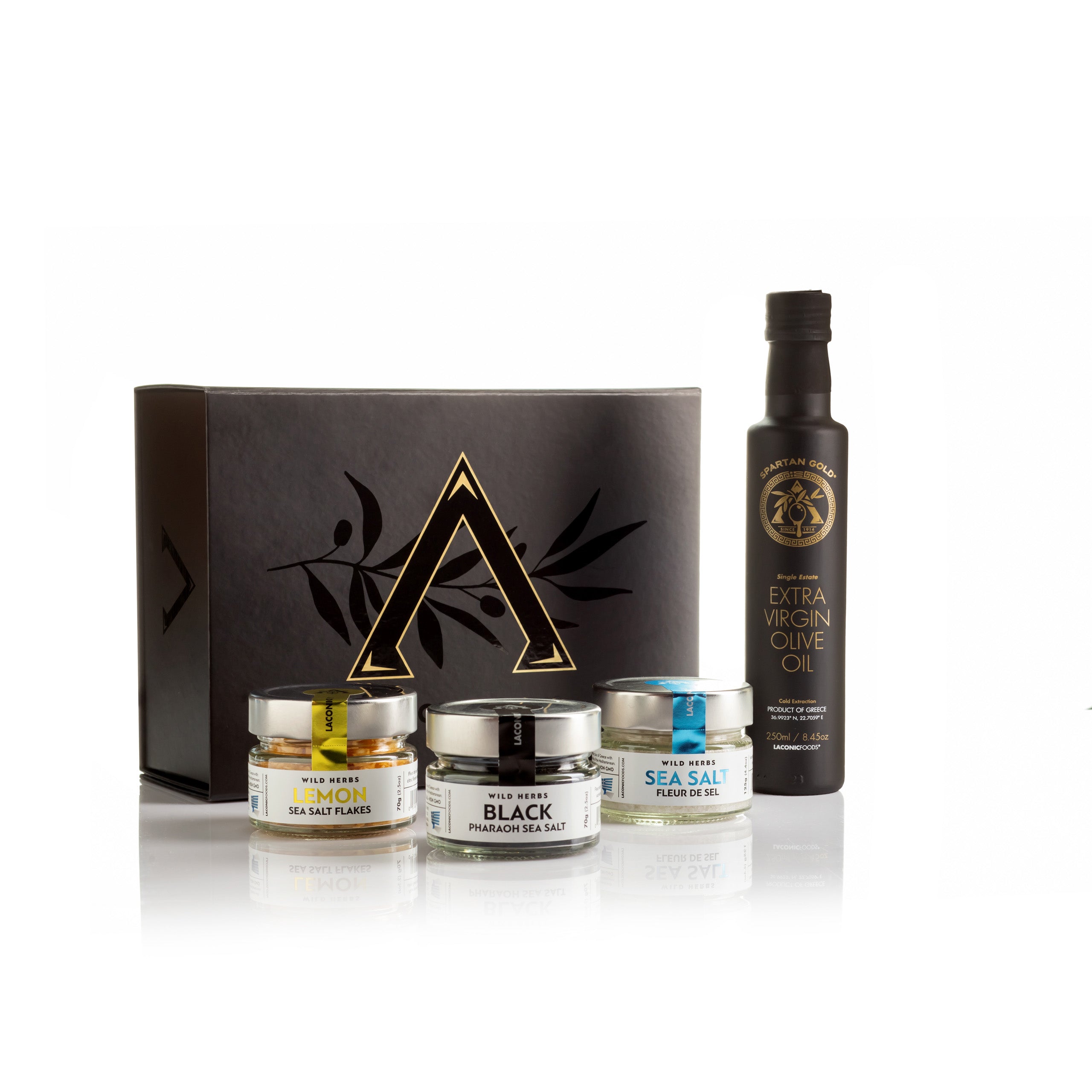 Laconic Foods Greek gourmet gift set with extra virgin olive oil and sea salt trio – lemon flakes, fleur de sel, and black sea salt in luxury box