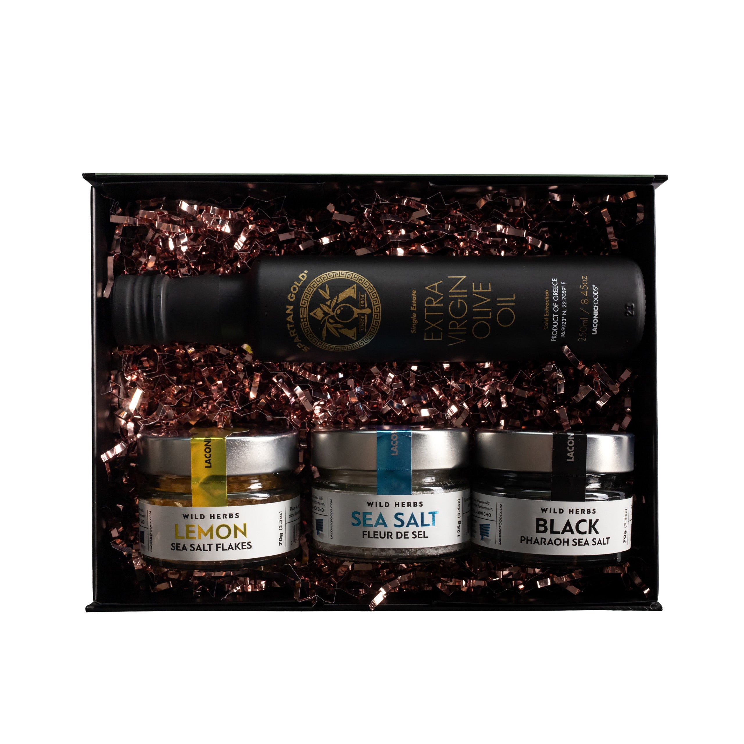 Greek gift box from Laconic Foods featuring extra virgin olive oil and wild herb sea salts – lemon flakes, fleur de sel, and black pharaoh sea salt