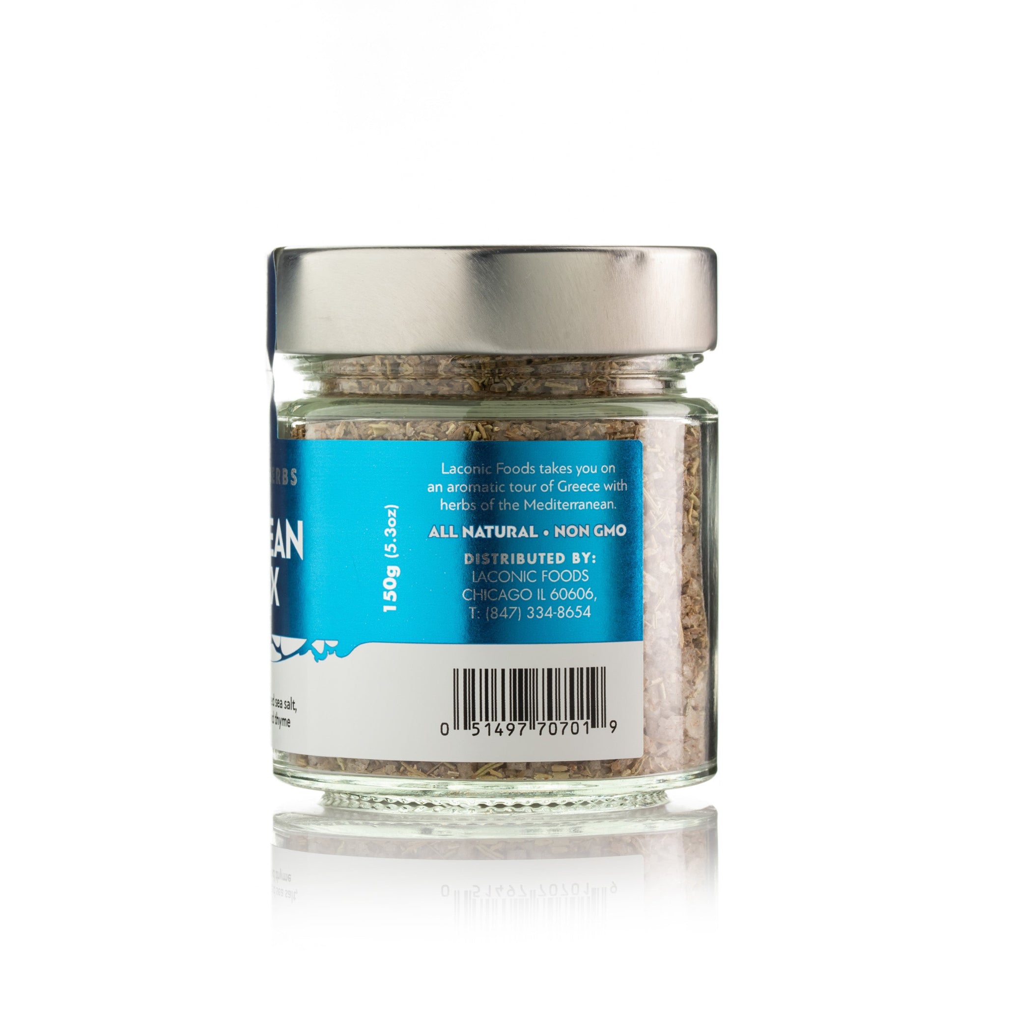 Back label of Laconic Foods Aegean Mix seasoning blend 150g – all natural, non-GMO Greek sea salt and herbs.
