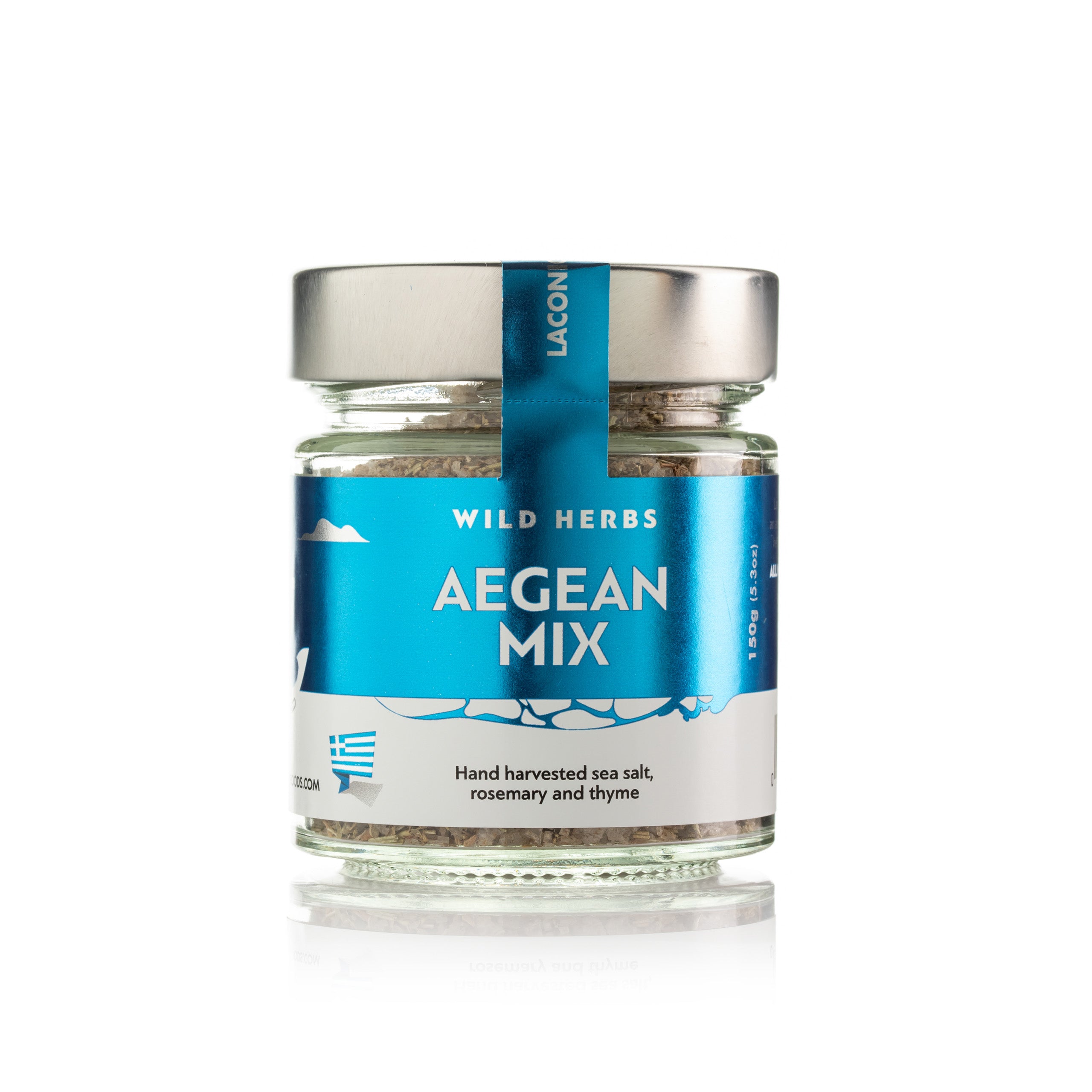 Laconic Foods Aegean Mix seasoning blend 150g jar – hand-harvested sea salt, rosemary, and thyme from Greece, front label view.