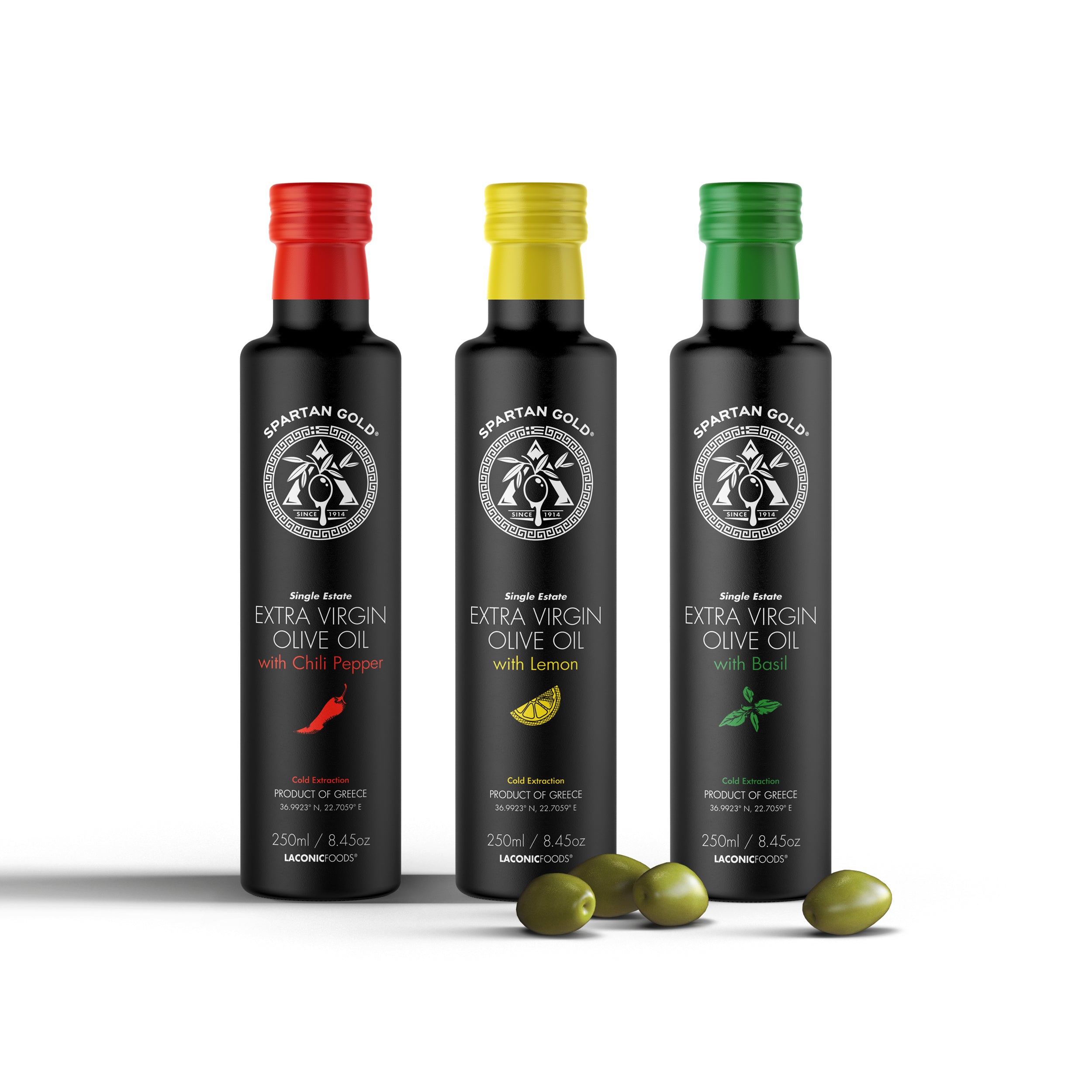 Set of three Laconic Foods infused extra virgin olive oils: chili, lemon, and basil — 250ml.