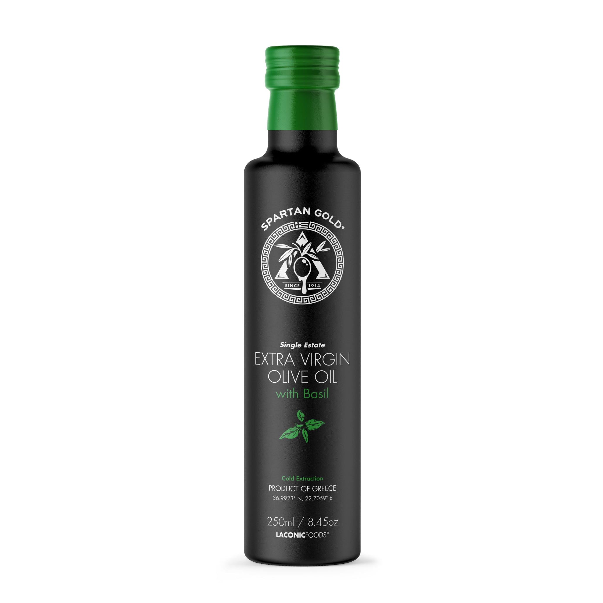 Basil infused extra virgin olive oil 250ml — front label, Spartan Gold by Laconic Foods.
