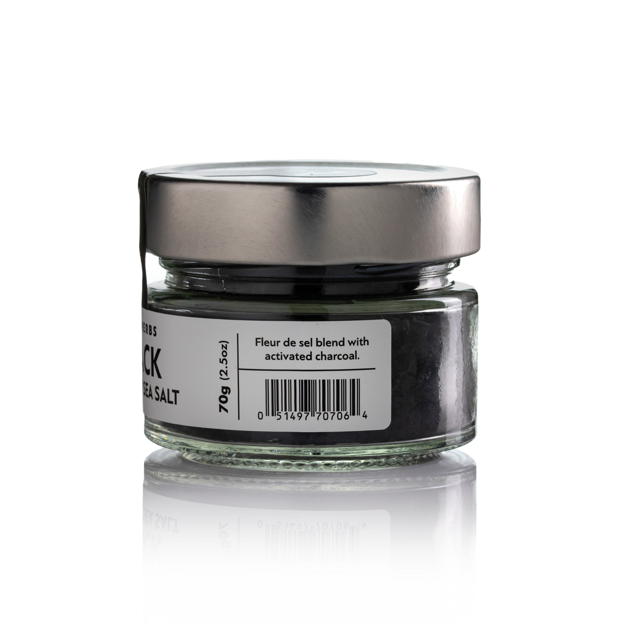 Side view of Laconic Foods Black Pharaoh Sea Salt 70g jar with ingredients and barcode