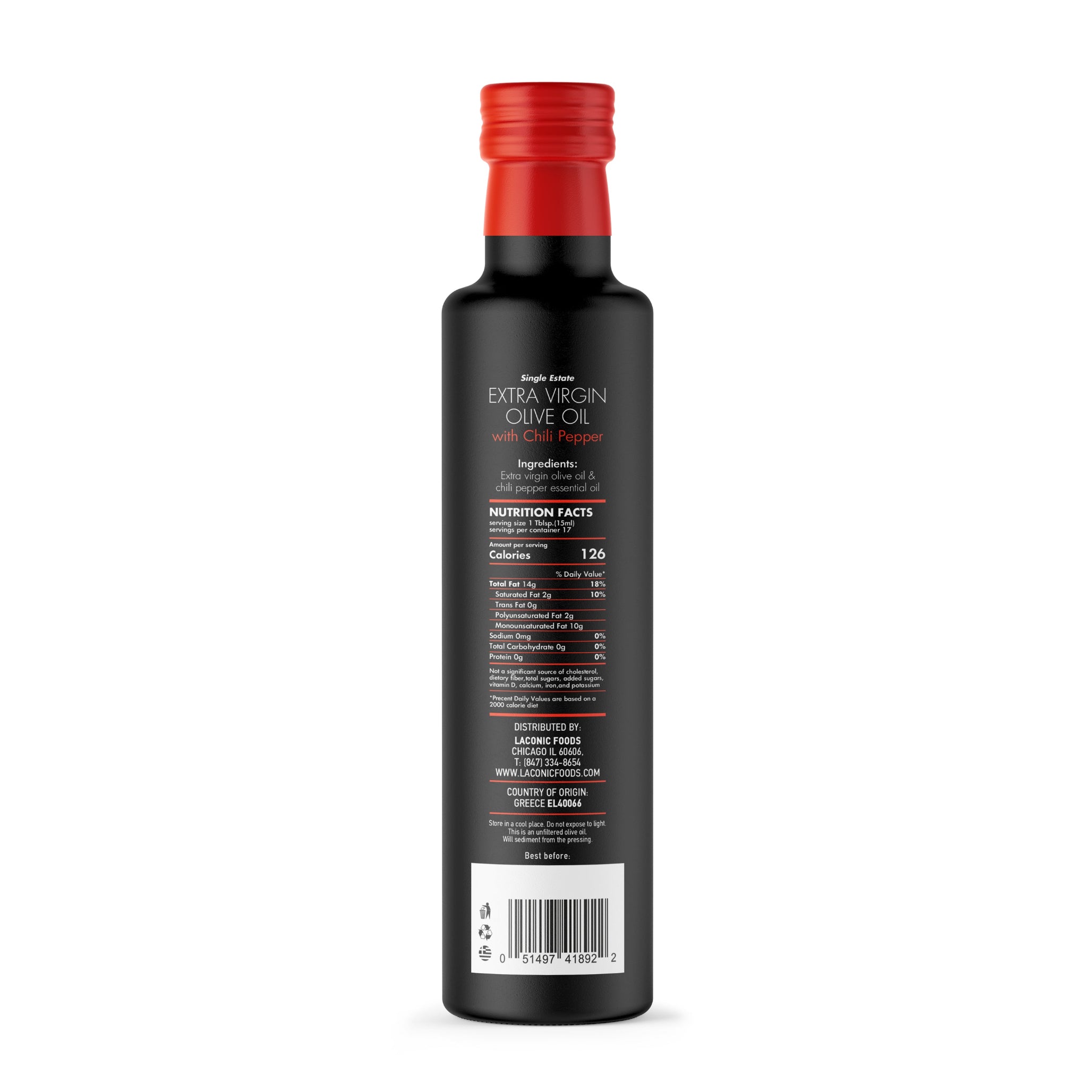 Back label of Laconic Foods Chili Pepper Infused Extra Virgin Olive Oil 250ml, showing ingredients and nutrition facts.