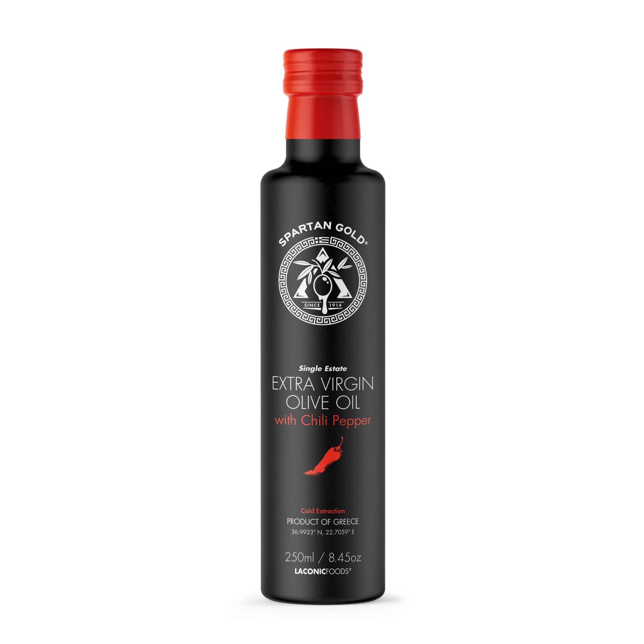 Chili pepper infused extra virgin olive oil 250ml — front label, Spartan Gold by Laconic Foods.