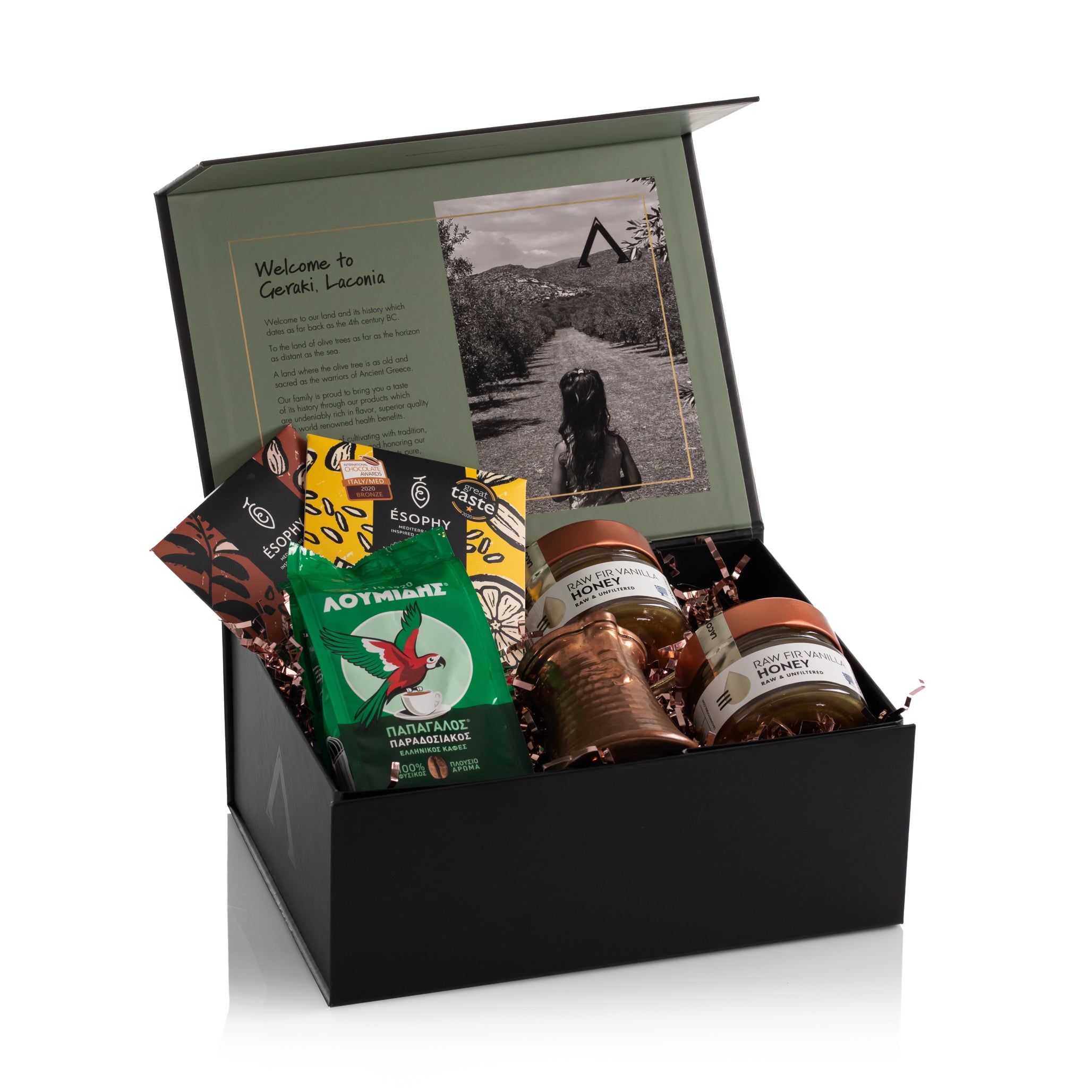 Laconic Foods Greek coffee, raw honey, and handmade chocolate gift box with briki coffee pot and honey dipper