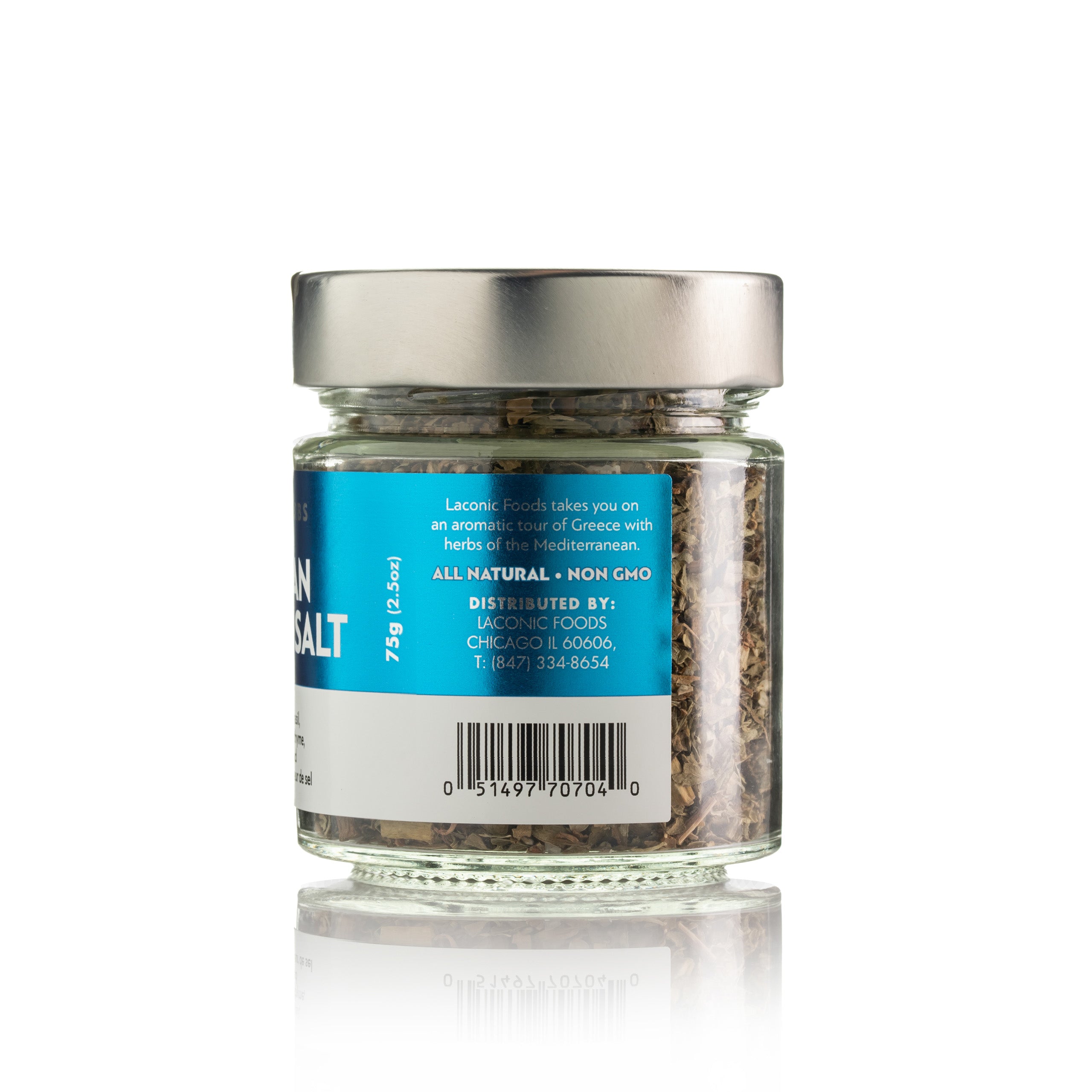 Back label of Laconic Foods Cretan Herbal Salt – all natural, non-GMO Greek herb and sea salt blend