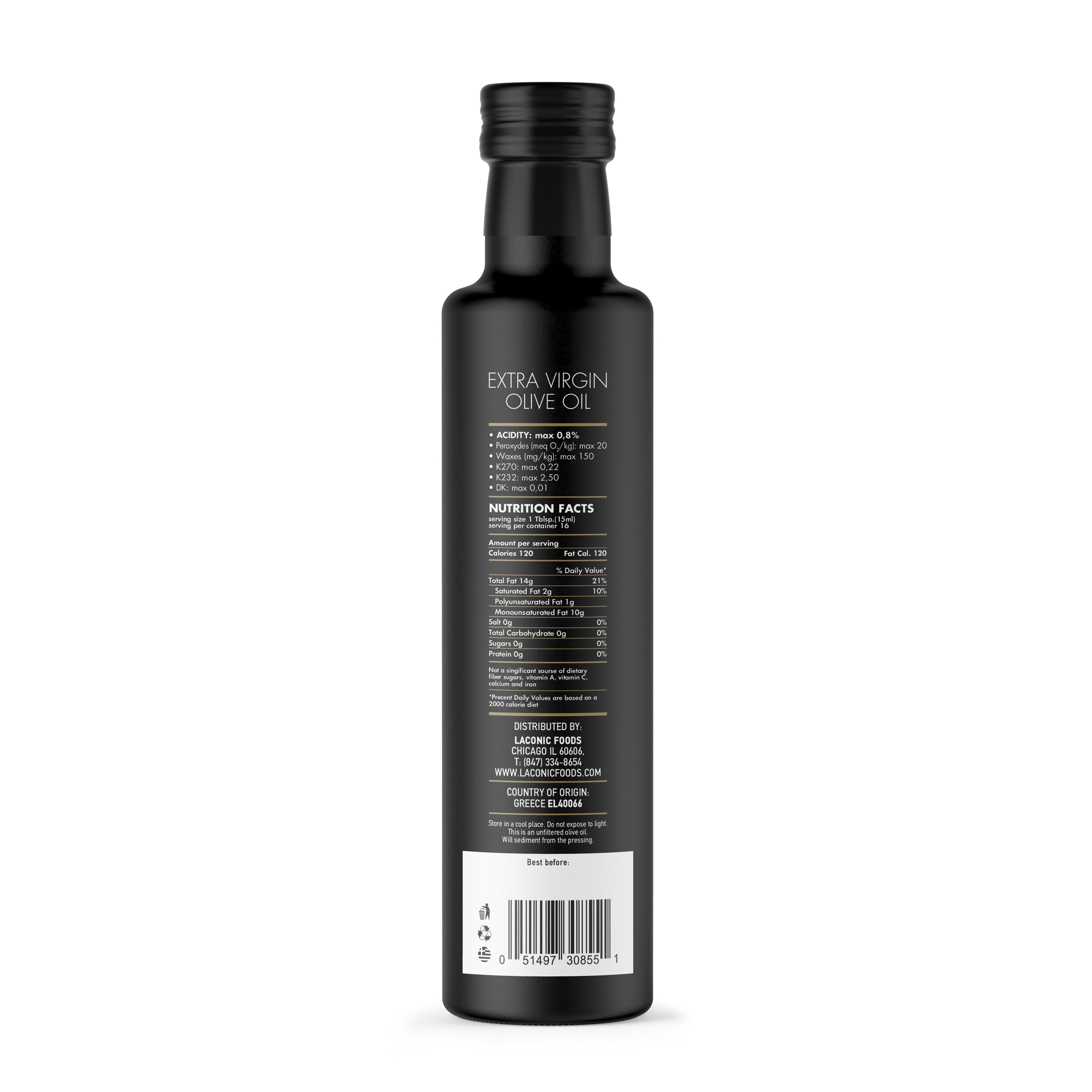 Laconic Foods 250ml Classic Extra Virgin Olive Oil back bottle view with nutrition facts and origin
