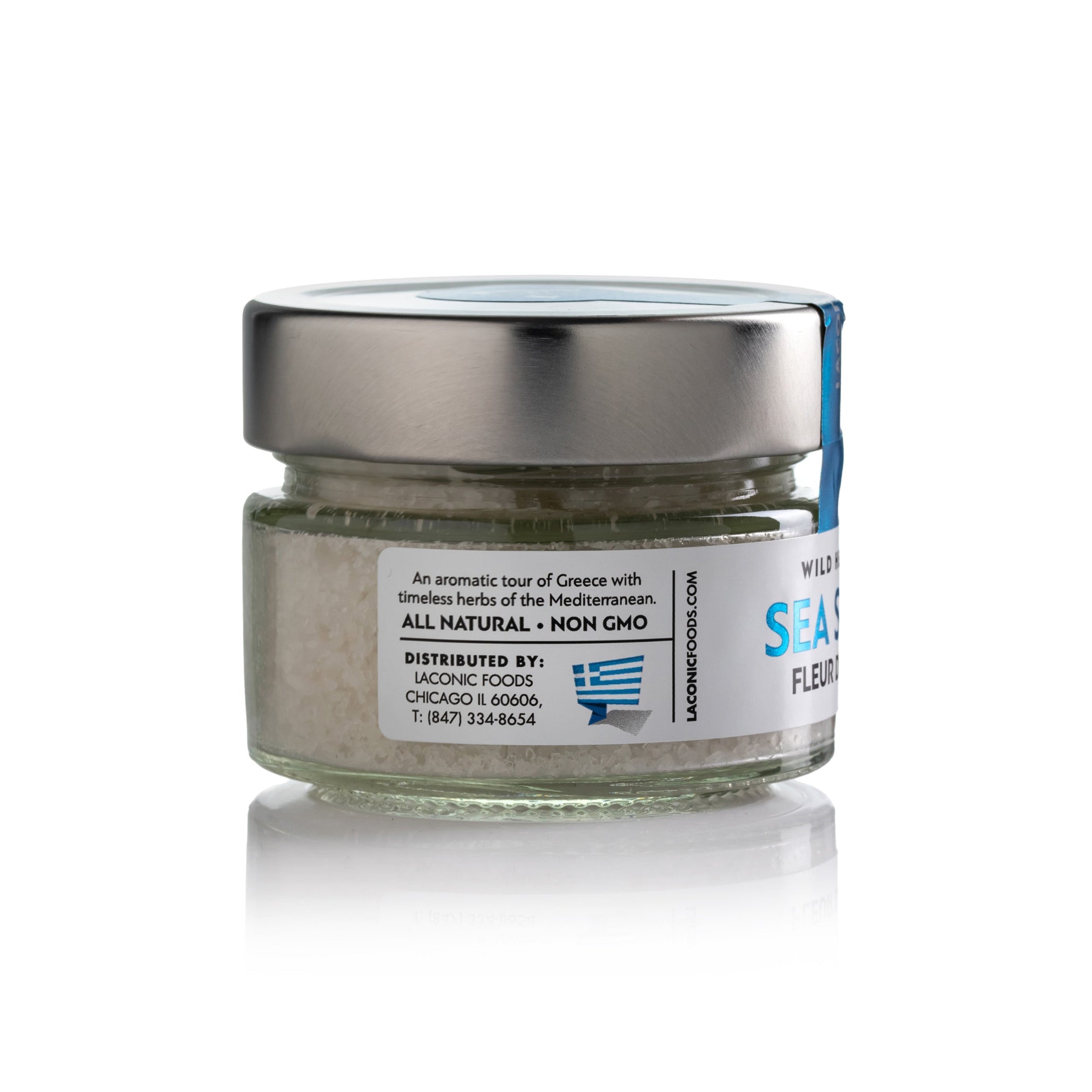 Back label of Laconic Foods Fleur de Sel Sea Salt – Greek gourmet seasoning, all natural and non-GMO