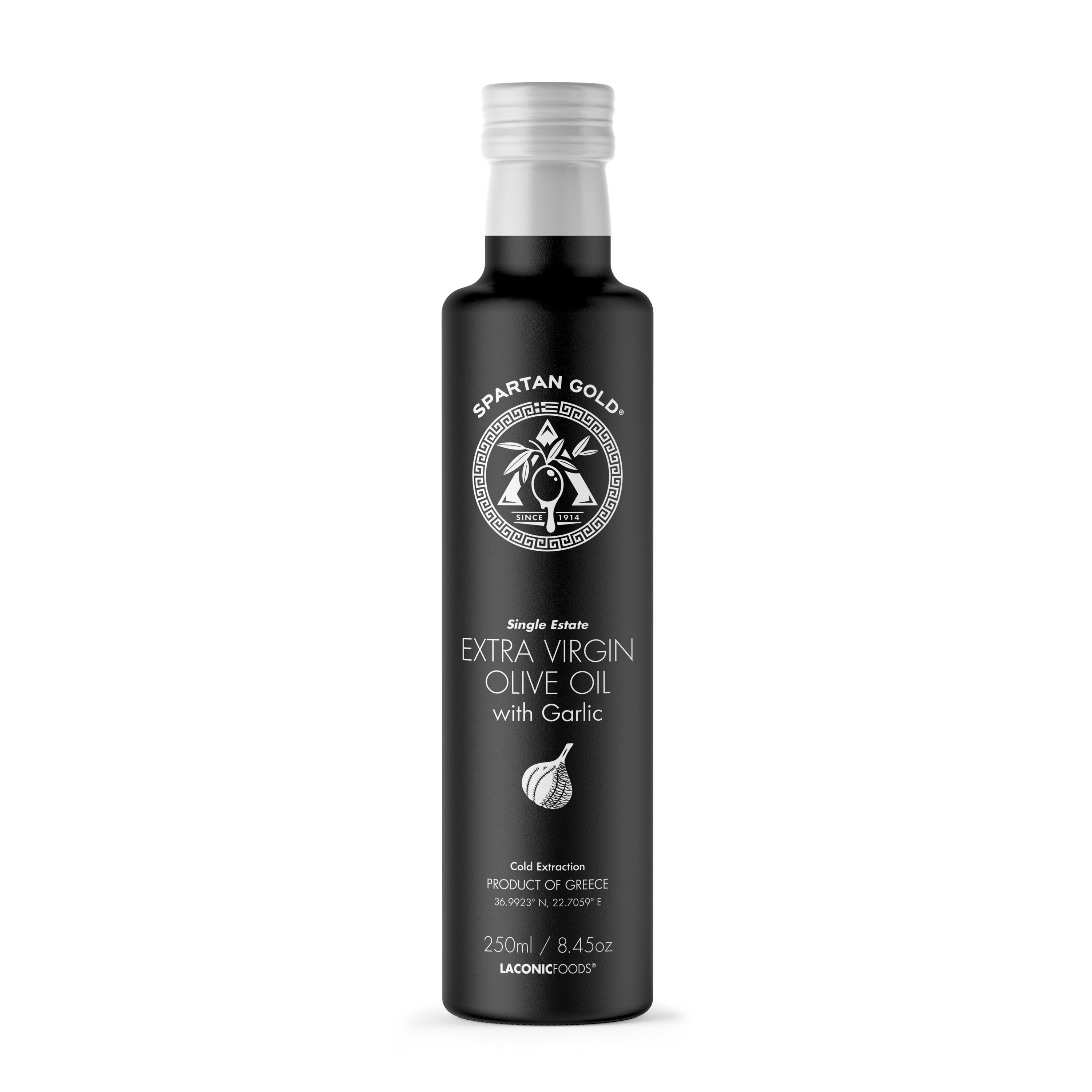 Garlic infused extra virgin olive oil 250ml — front label, Spartan Gold by Laconic Foods.