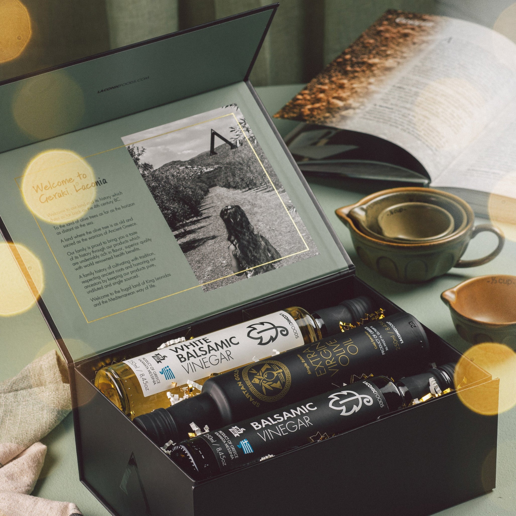 Premium Laconic Foods Greek Olive Oil & Vinegar Gift Set displayed in elegant holiday kitchen scene