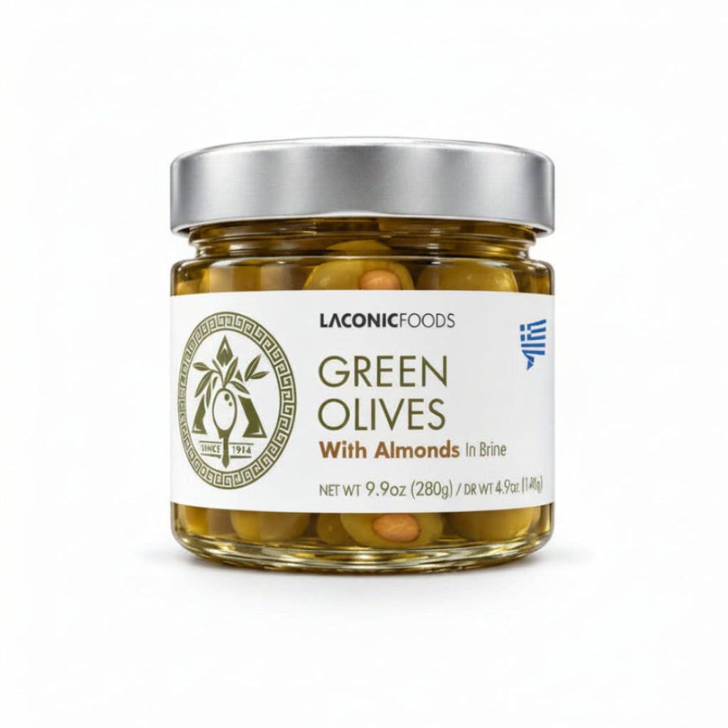 Laconic Foods Greek green olives with almonds in brine, 280g jar