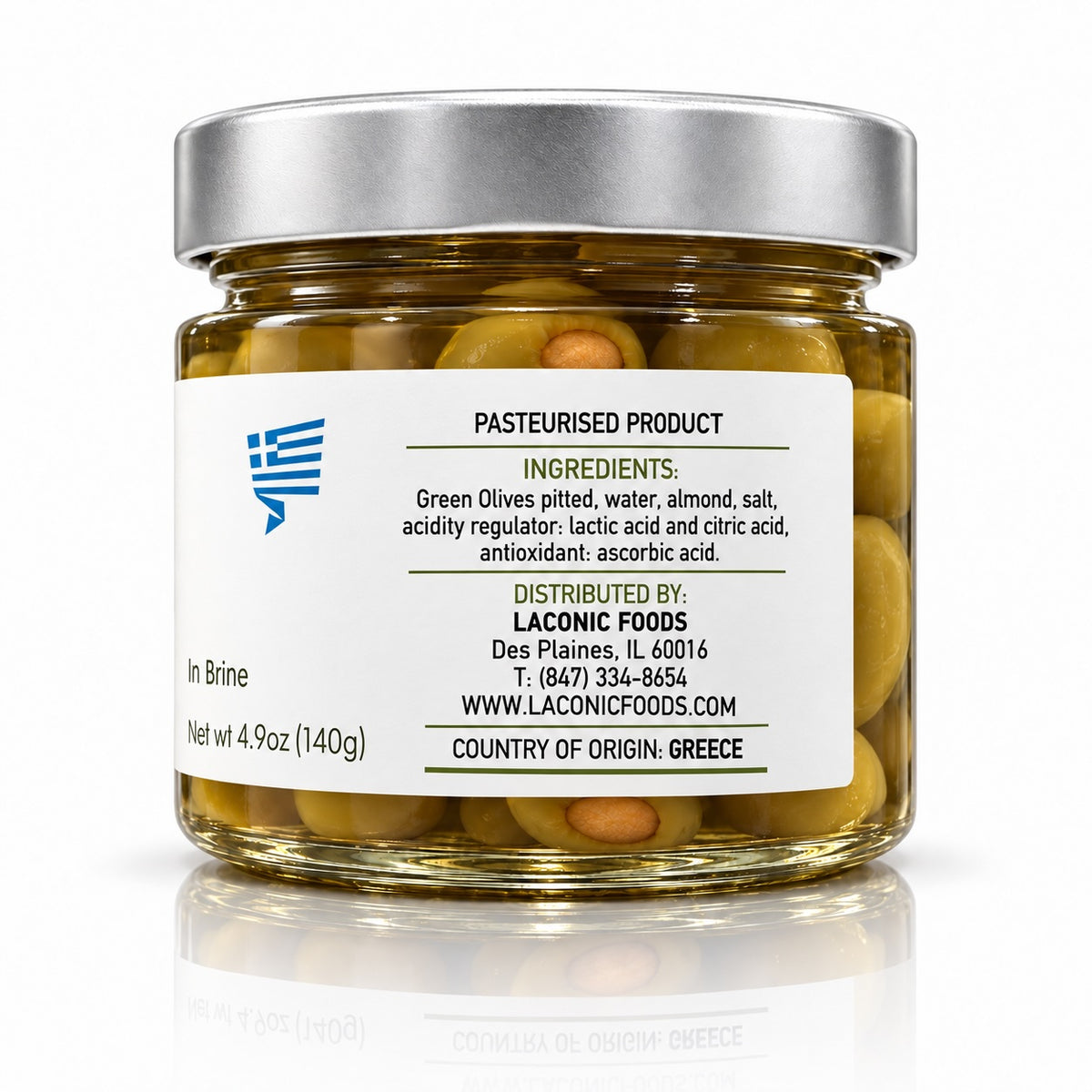 Laconic Foods Greek green olives with almonds 280g jar ingredients and origin label