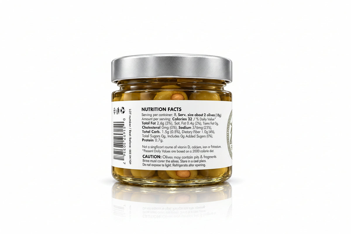 Laconic Foods Greek green olives with almonds 280g jar nutrition facts