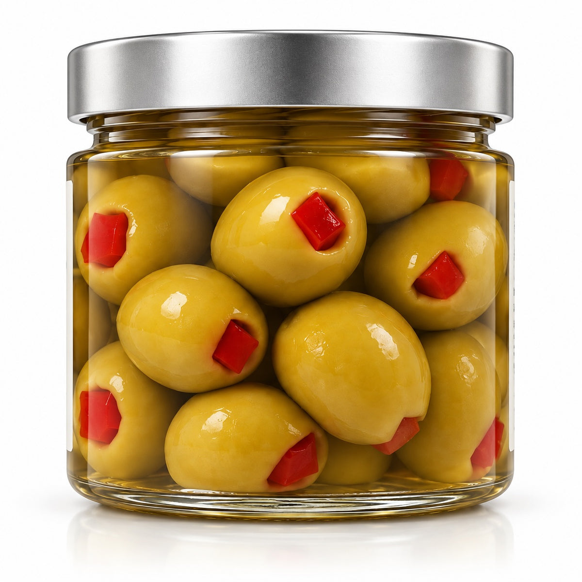 Close-up of Greek green olives stuffed with red pimiento in brine