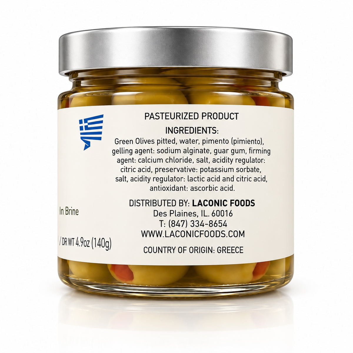 Laconic Foods Greek green olives with pimiento 280g jar ingredients and origin label